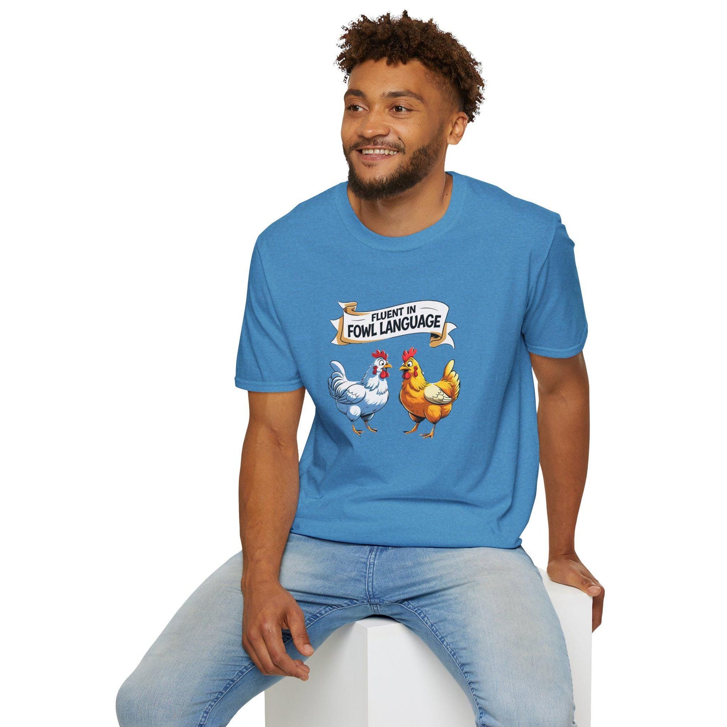 Funny Chicken Pun Unisex Softstyle T-Shirt, Fluent in Fowl Language Tee, Chickens Shirt, Cursing Poultry Top, Humorous Rooster Graphic Tee