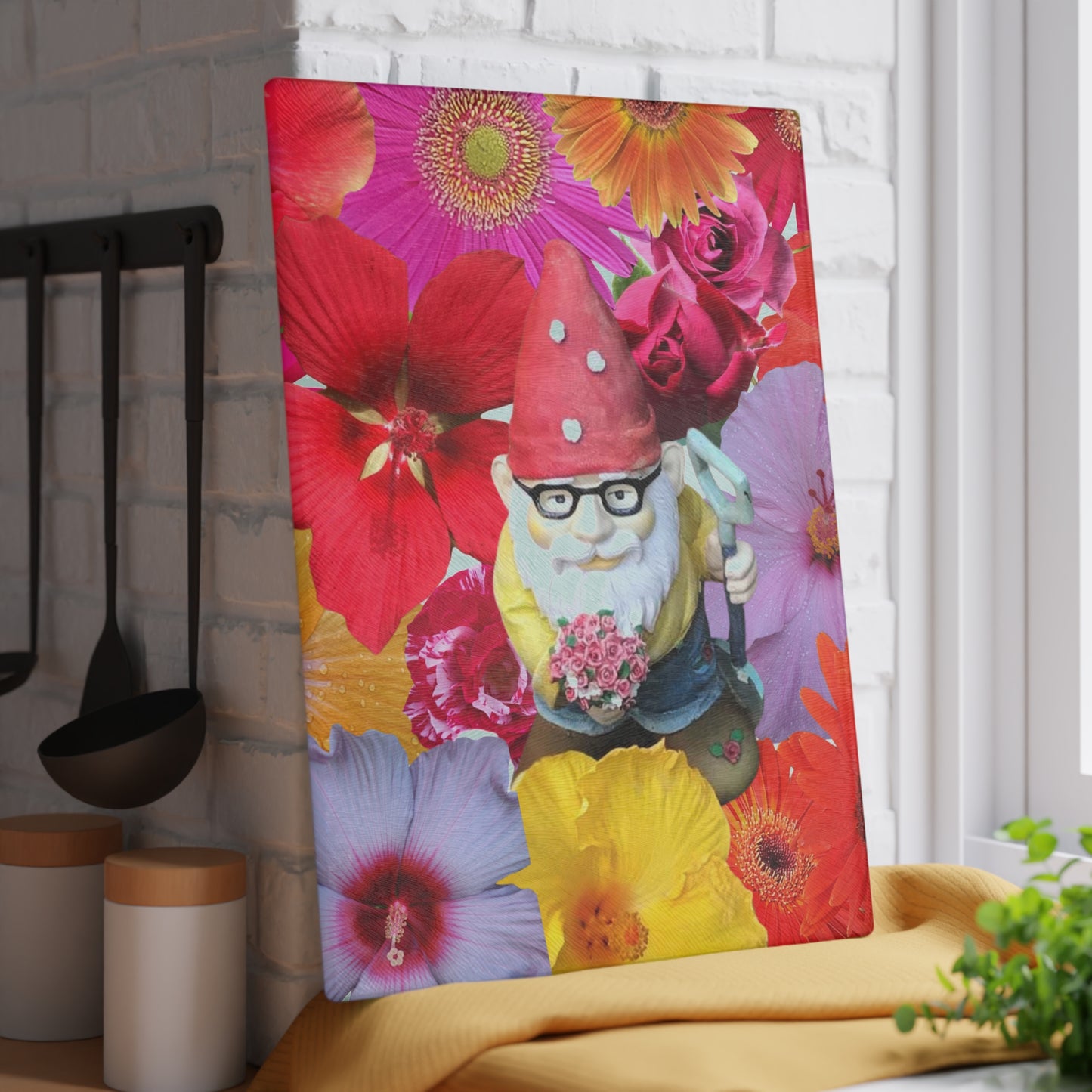 Cutting Board - Whimsical Flower and Gnome Design
