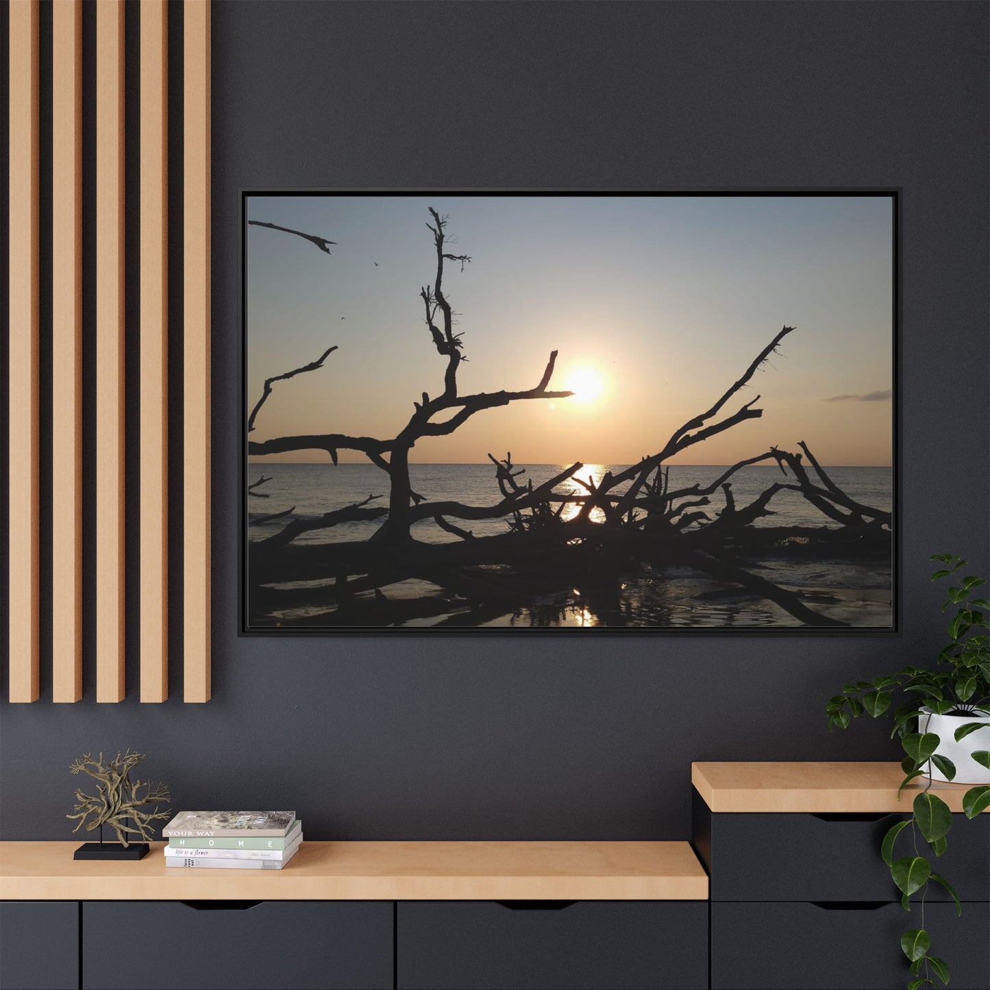 Sunset Driftwood Beach Framed Canvas
