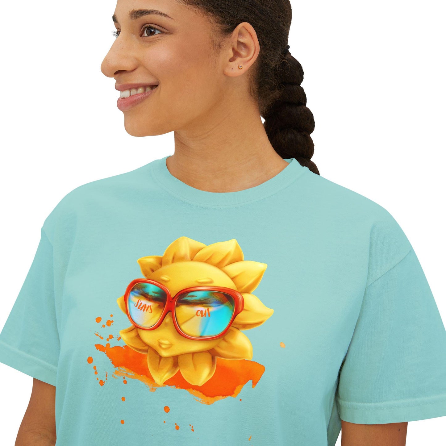 Summer Sun Smiles Women's Boxy Tee, Fun Stylish Orange Abstract Design, Suns Out Graphic Shirt, Trendy Short Sleeve Top, Cute Summer Tee