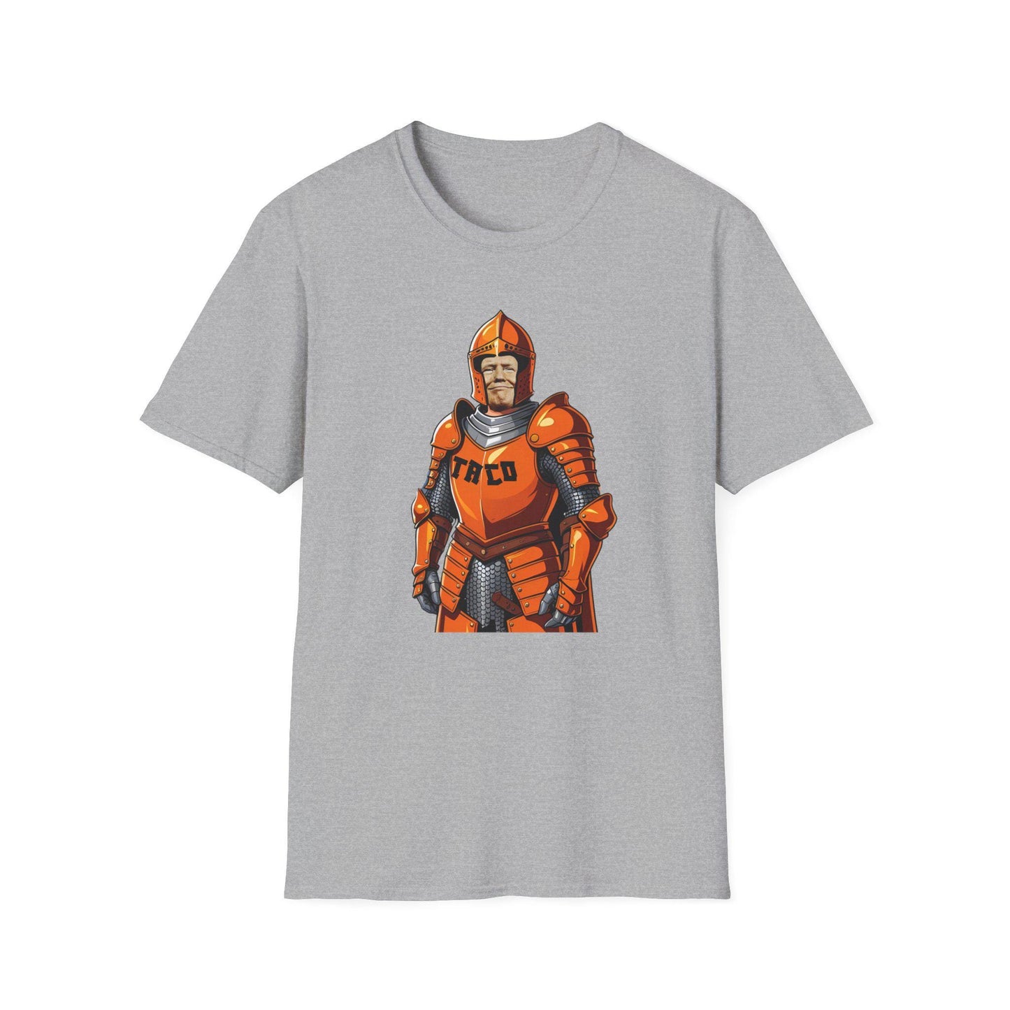 TACO Knight Unisex Softstyle T-Shirt, Funny Trump Activist Protest Tee, Orange Armor Shirt, Anti-Trump Apparel, Political Humor Top