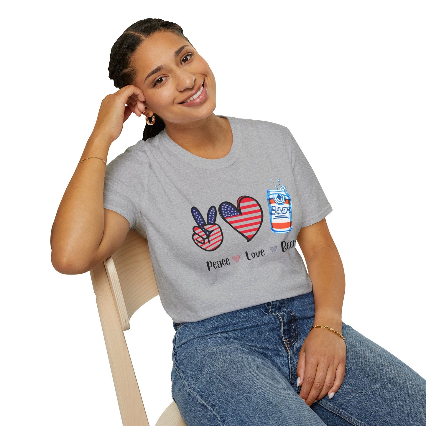 Peace, Love and Beer, Memorial day tee, 4th of July tee, Beer lover tee, beer lover gift, Summer party tee, Unisex Softstyle T-Shirt