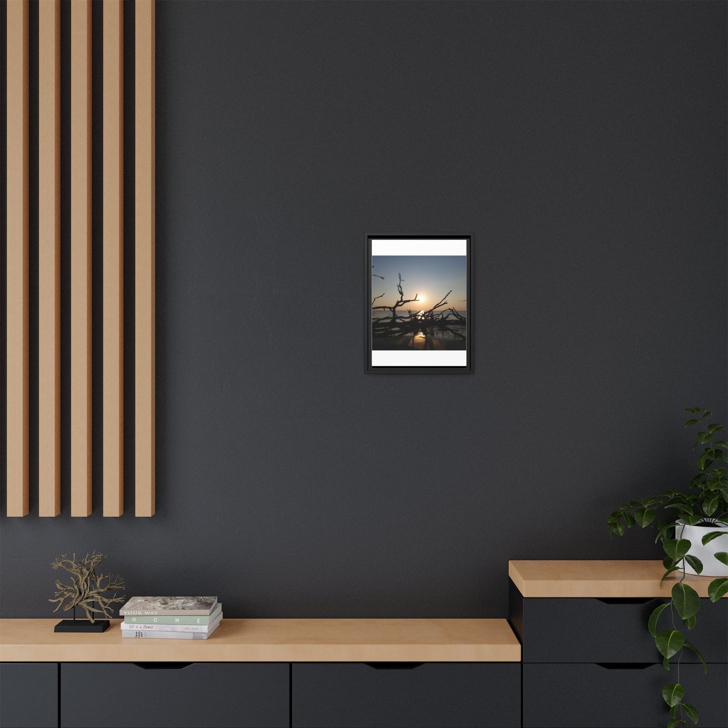 Sunset Driftwood Beach Framed Canvas