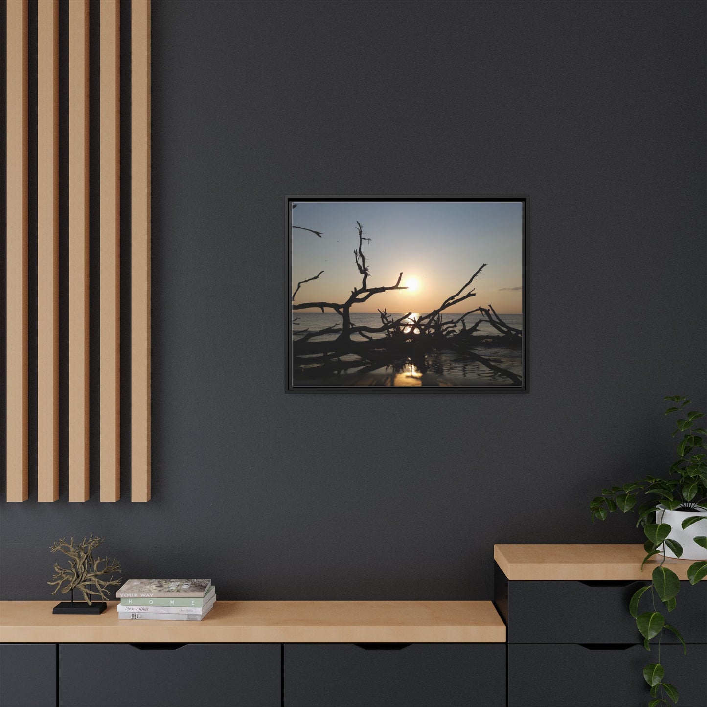 Sunset Driftwood Beach Framed Canvas