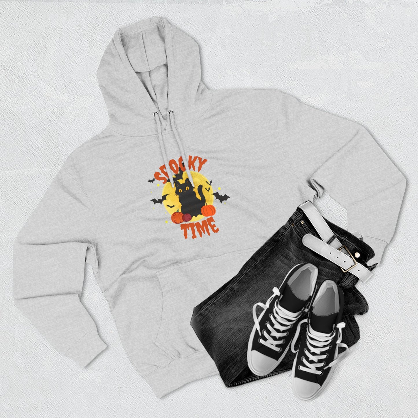 Fleece Hoodie - Halloween Black Cat and Pumpkin Design
