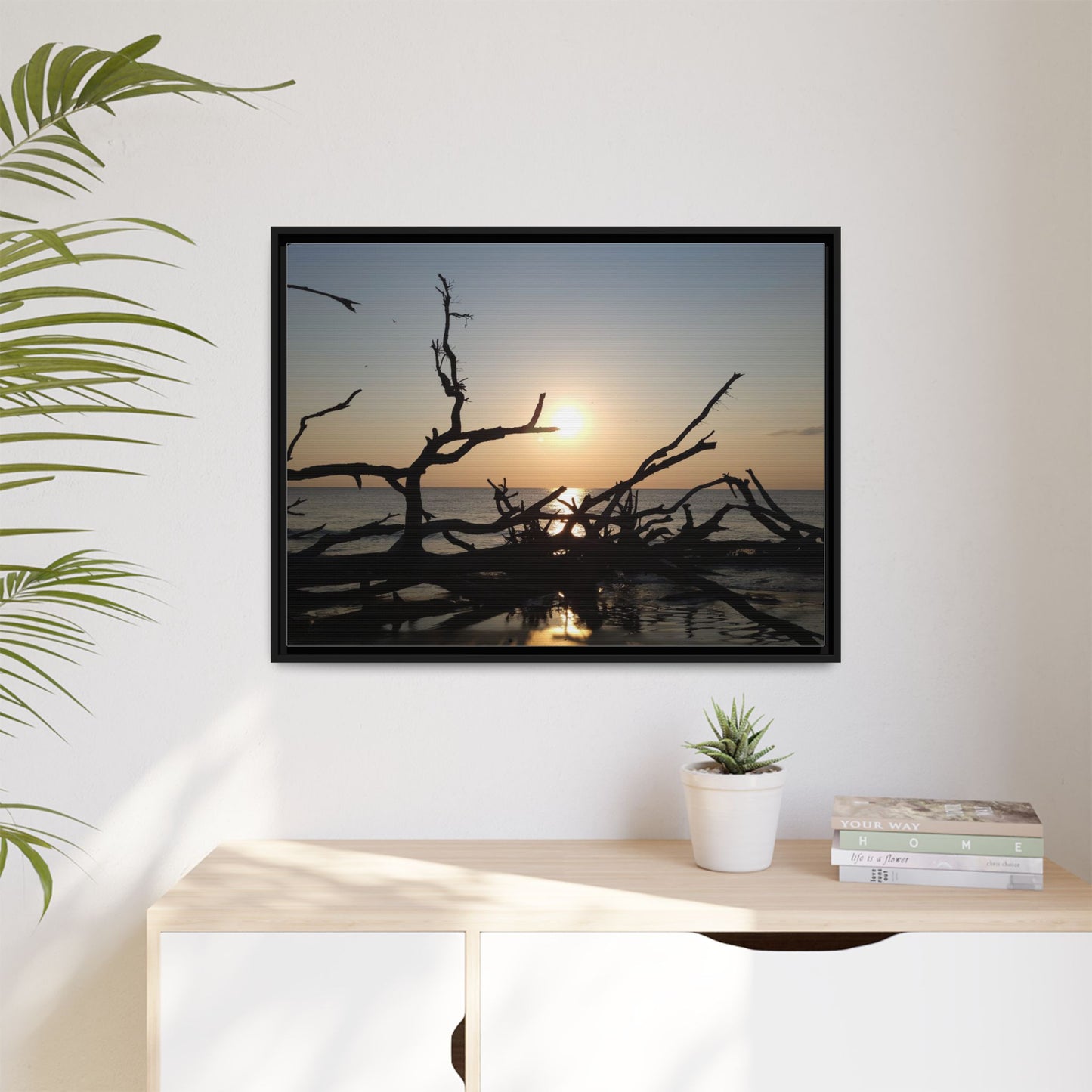 Sunset Driftwood Beach Framed Canvas