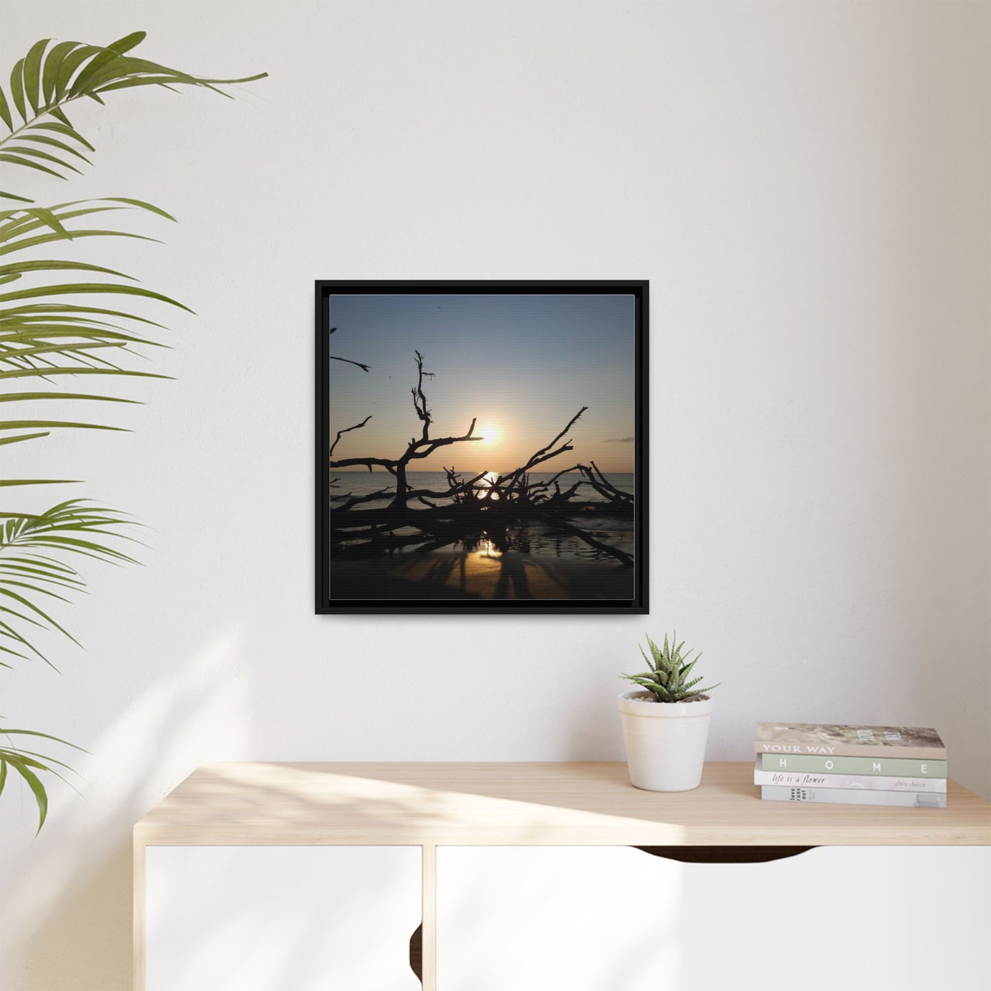 Sunset Driftwood Beach Framed Canvas
