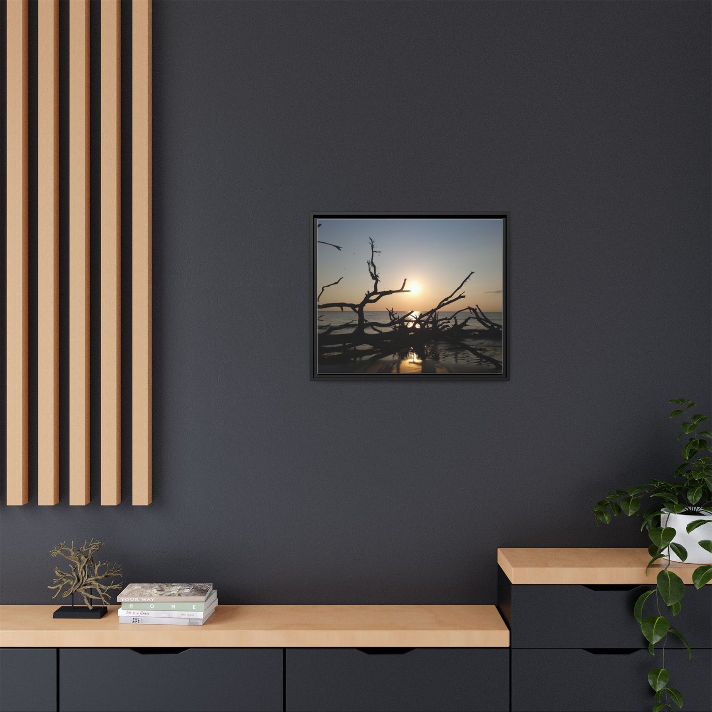 Sunset Driftwood Beach Framed Canvas