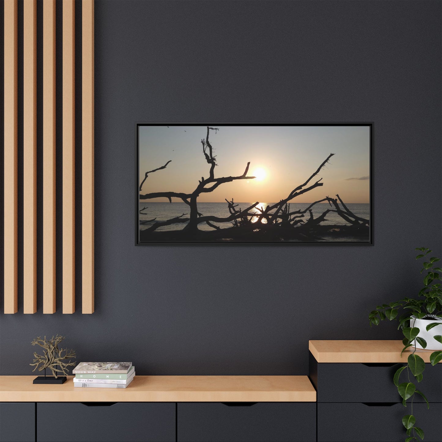 Sunset Driftwood Beach Framed Canvas