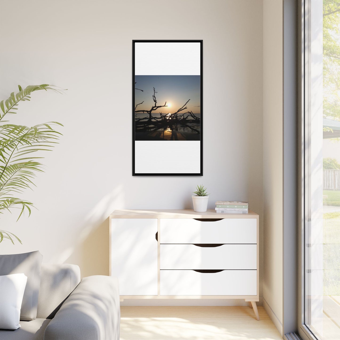 Sunset Driftwood Beach Framed Canvas