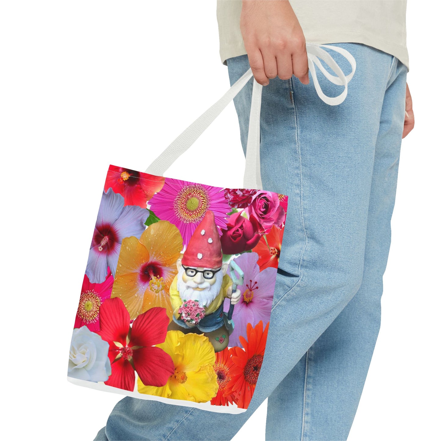 Whimsical Floral Gnome Tote Bag, Colorful Shopping Bag, Garden Lover Gift, Eco-Friendly Tote, Summer Vibes, Unique Birthday Present