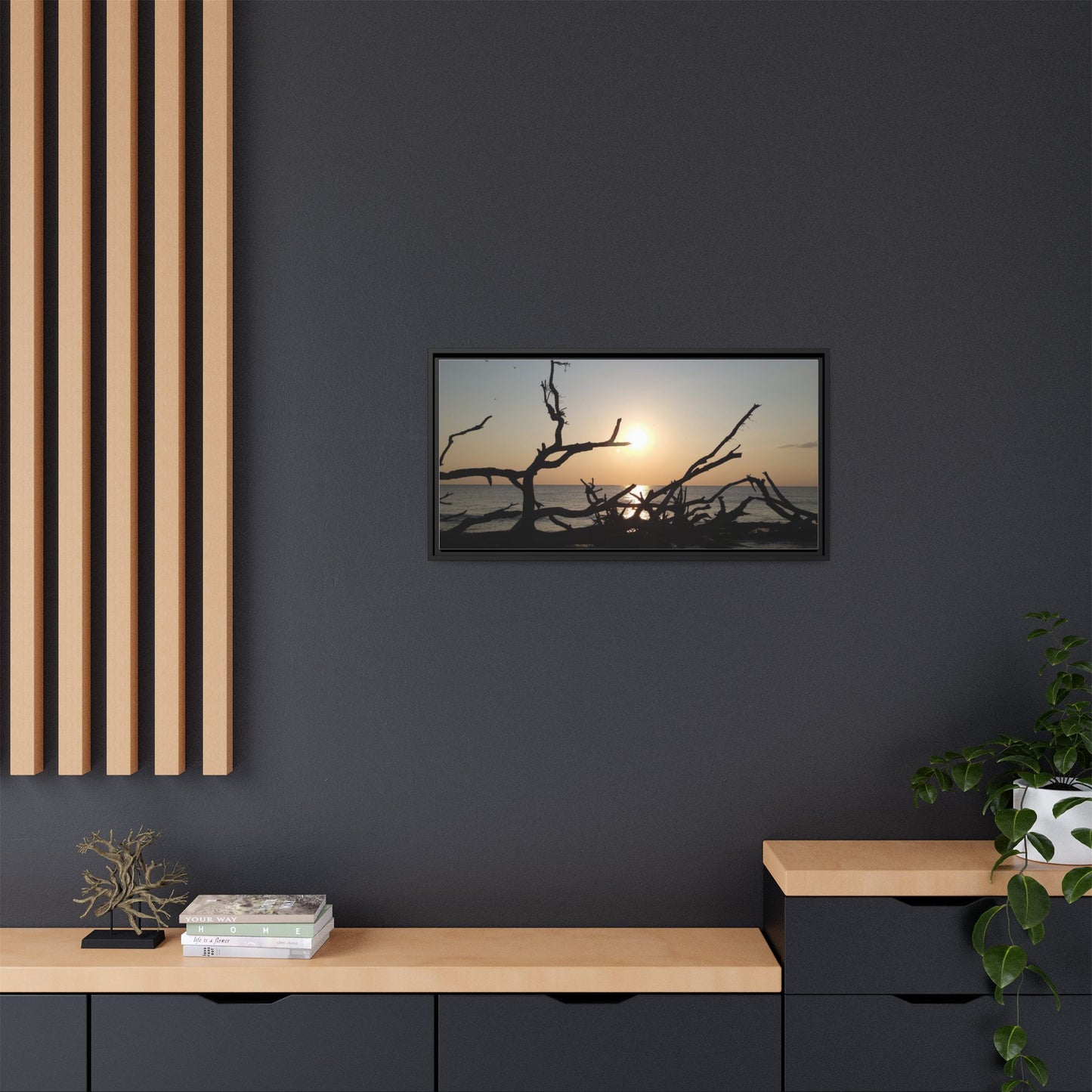 Sunset Driftwood Beach Framed Canvas
