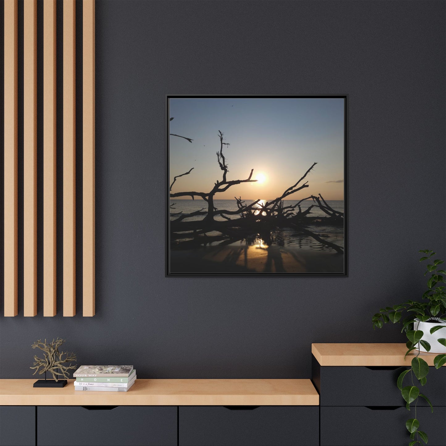 Sunset Driftwood Beach Framed Canvas