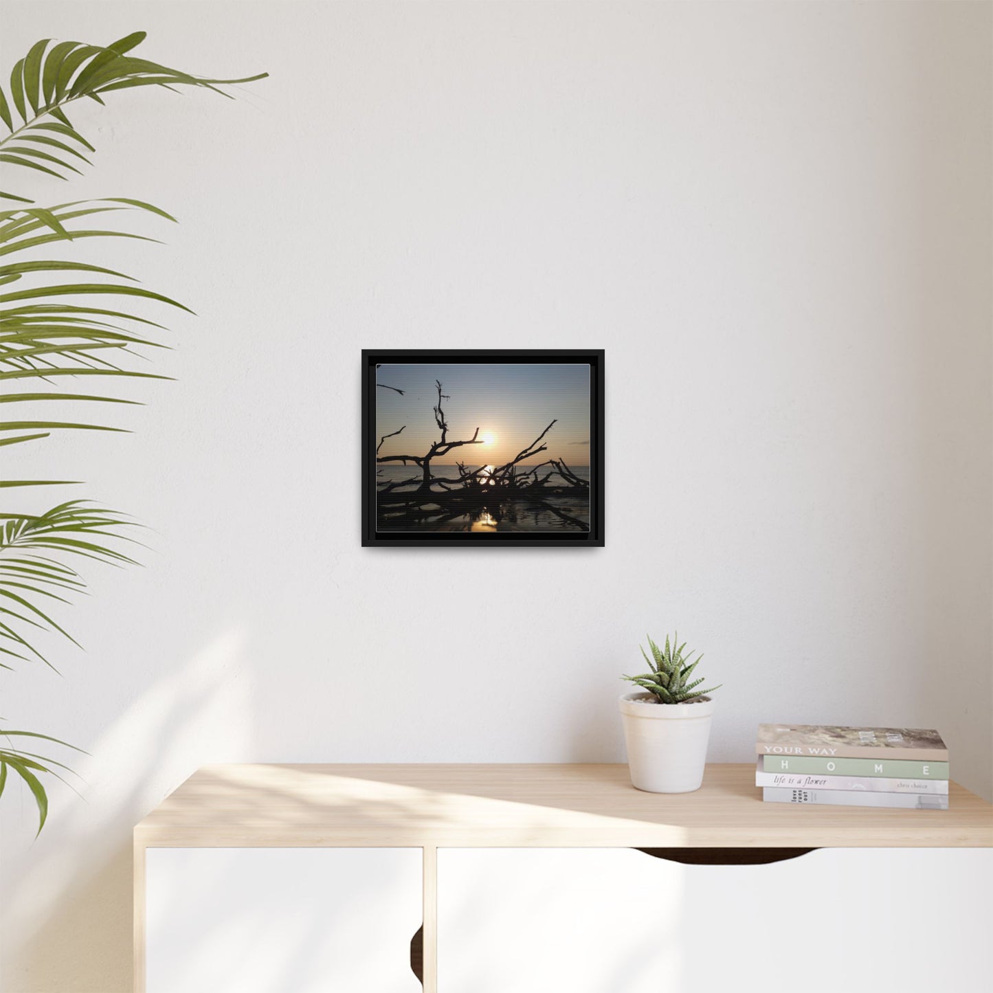 Sunset Driftwood Beach Framed Canvas