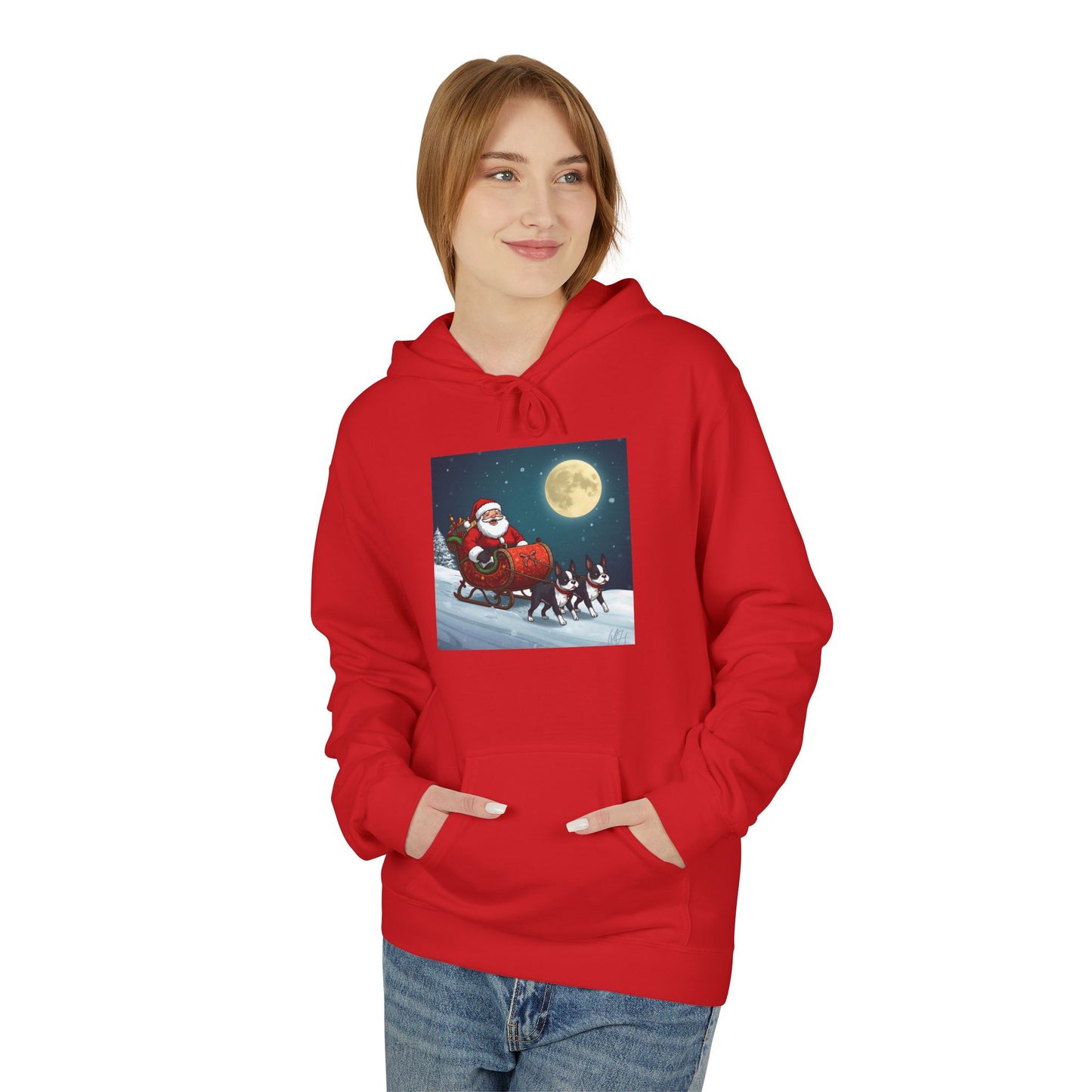 Boston Terrier Hoodie: Cute and Mighty Santas Sleigh Unisex Fleece