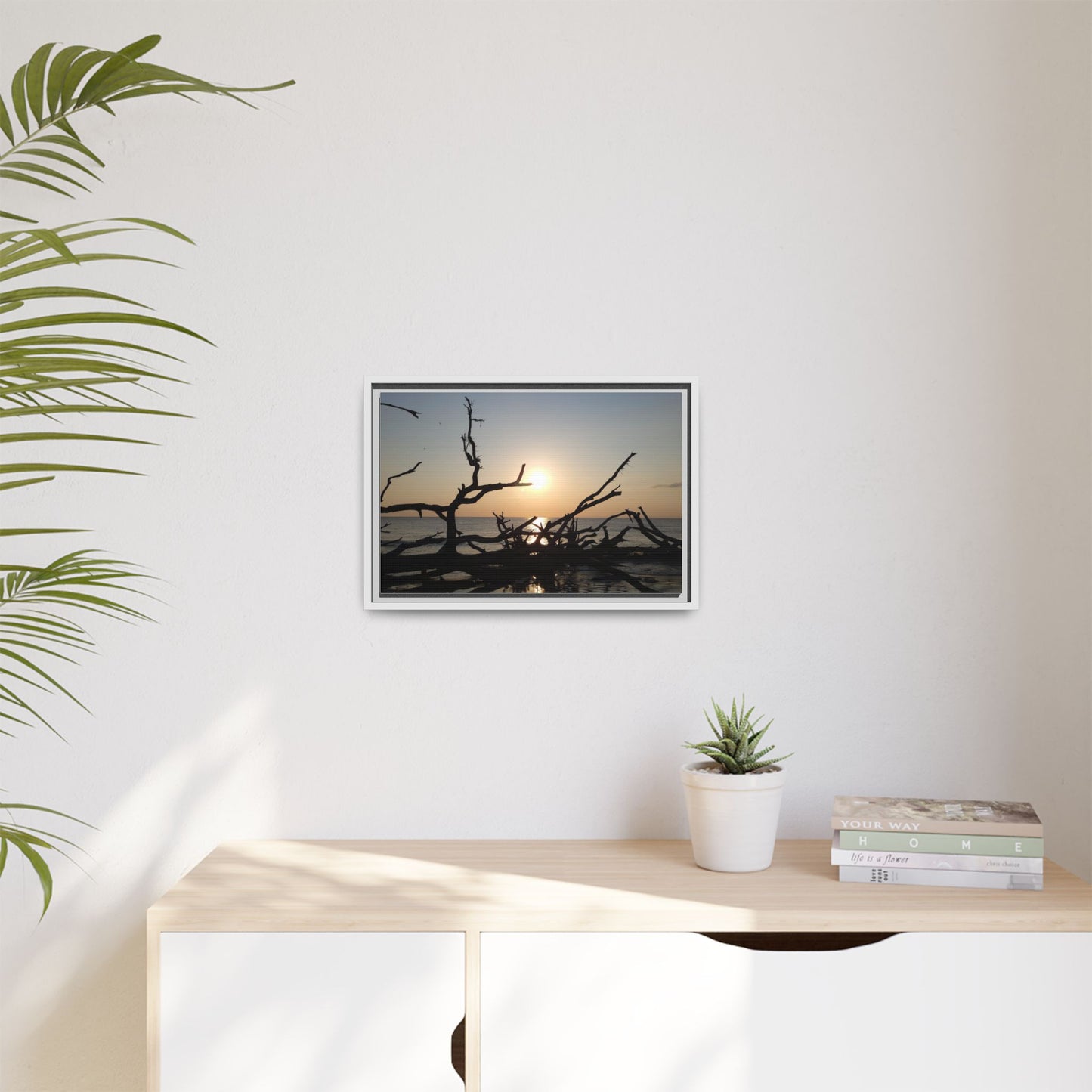 Sunset Driftwood Beach Framed Canvas