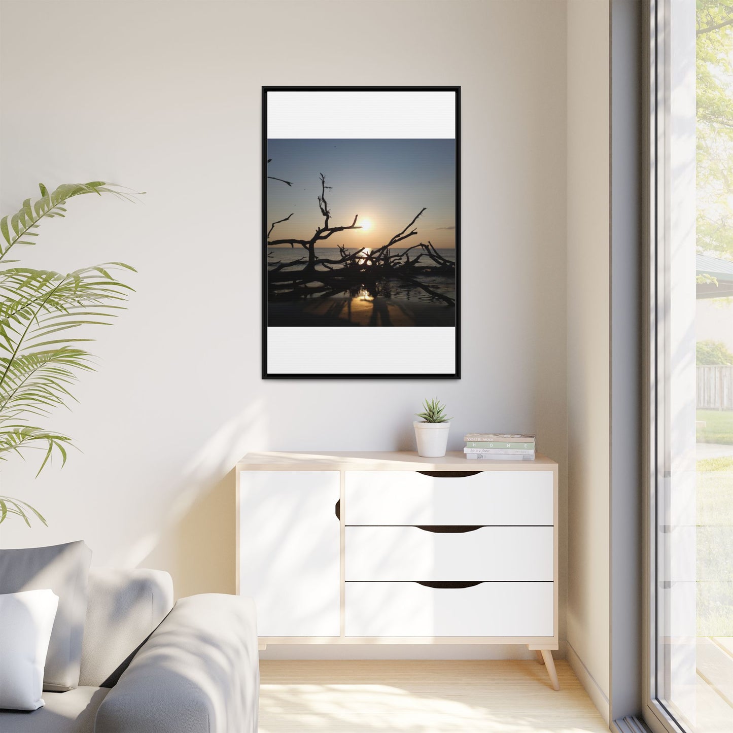 Sunset Driftwood Beach Framed Canvas