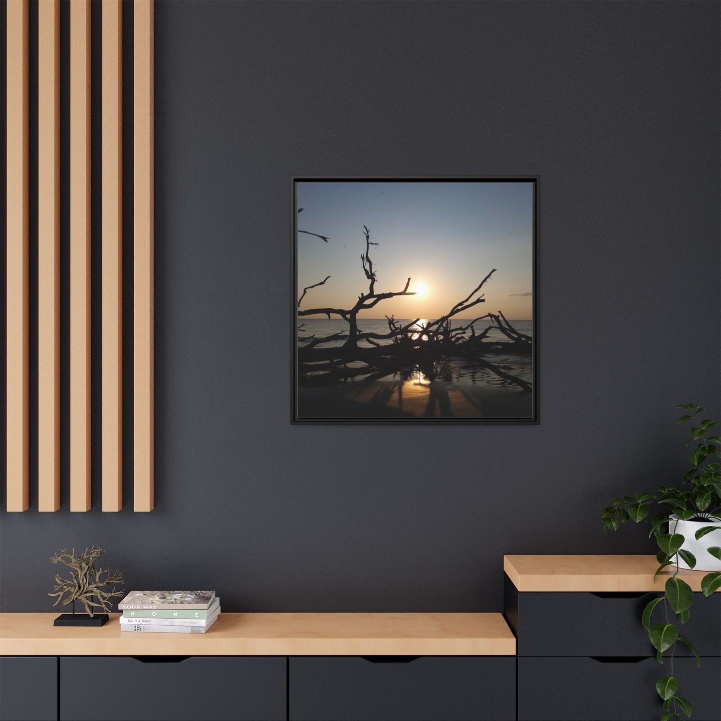 Sunset Driftwood Beach Framed Canvas