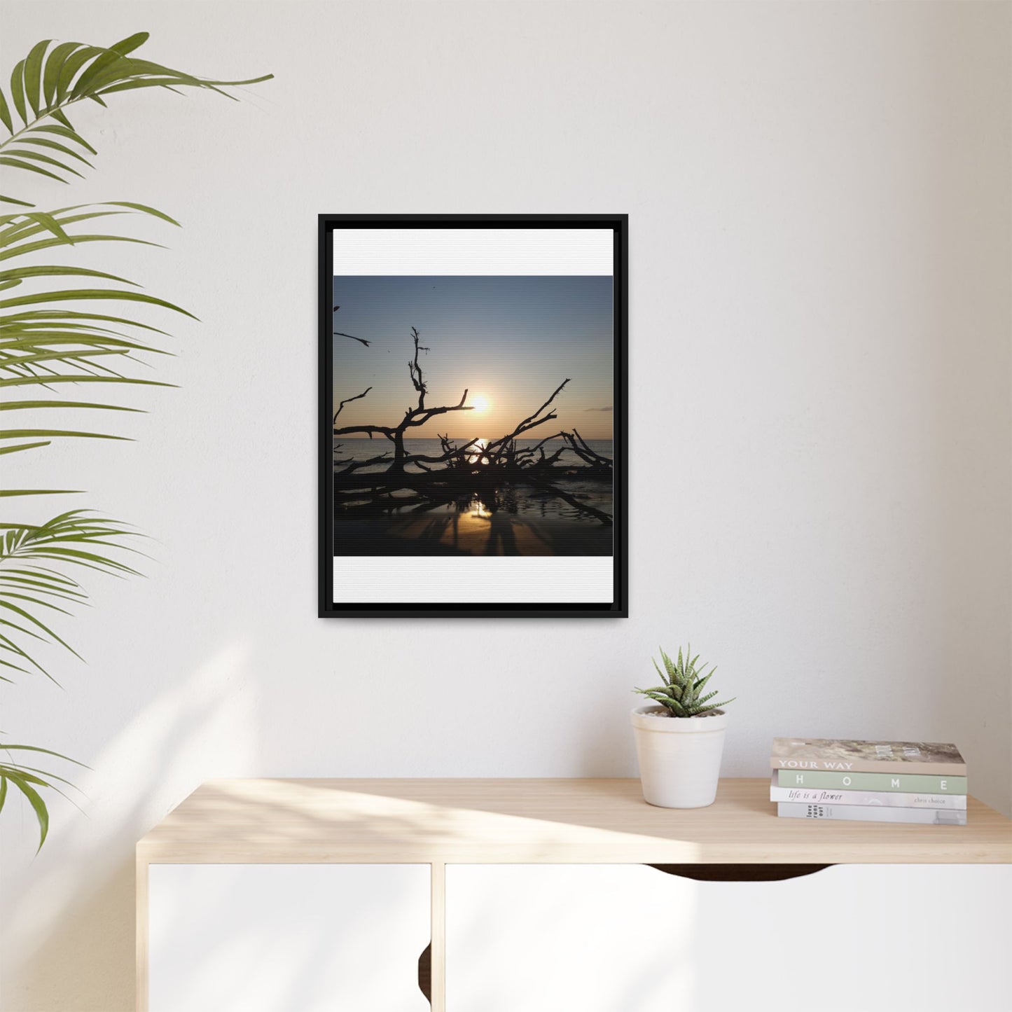 Sunset Driftwood Beach Framed Canvas