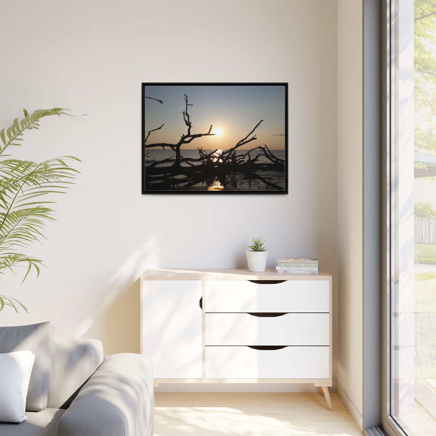 Sunset Driftwood Beach Framed Canvas