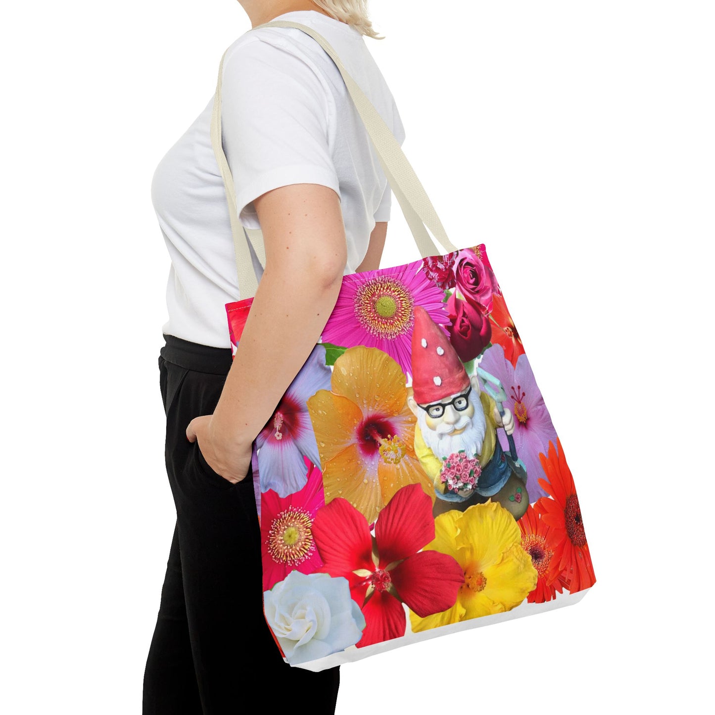 Whimsical Floral Gnome Tote Bag, Colorful Shopping Bag, Garden Lover Gift, Eco-Friendly Tote, Summer Vibes, Unique Birthday Present