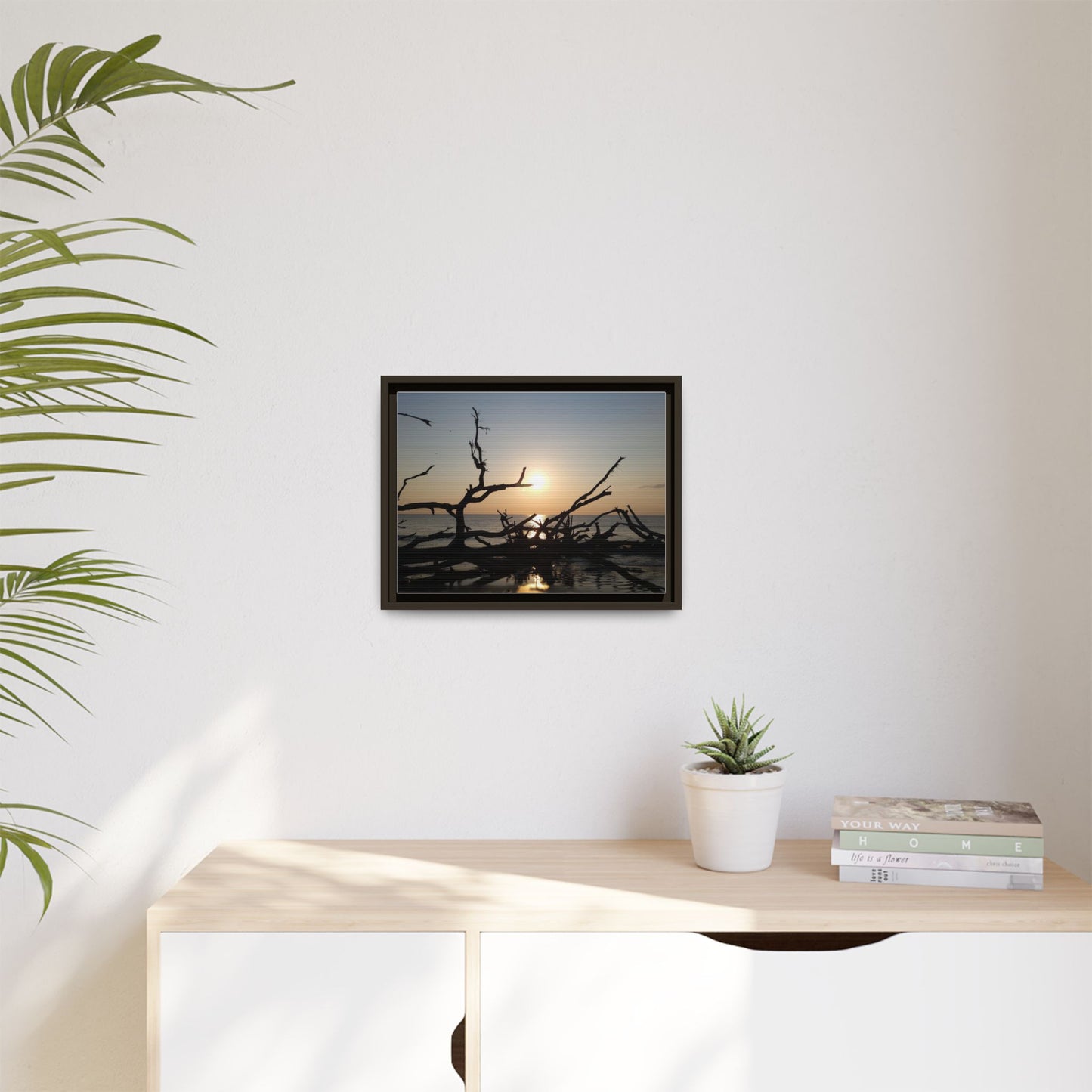 Sunset Driftwood Beach Framed Canvas