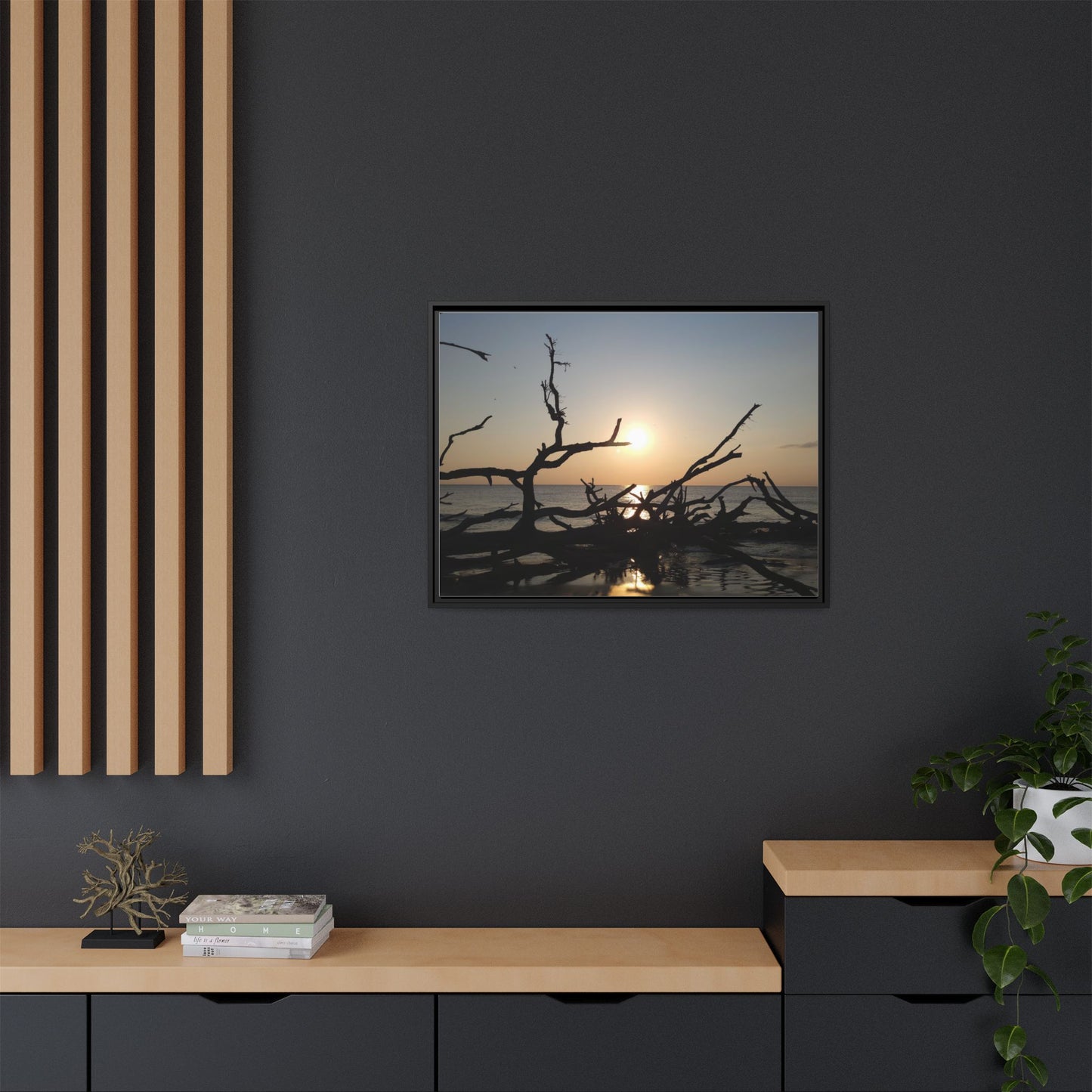 Sunset Driftwood Beach Framed Canvas