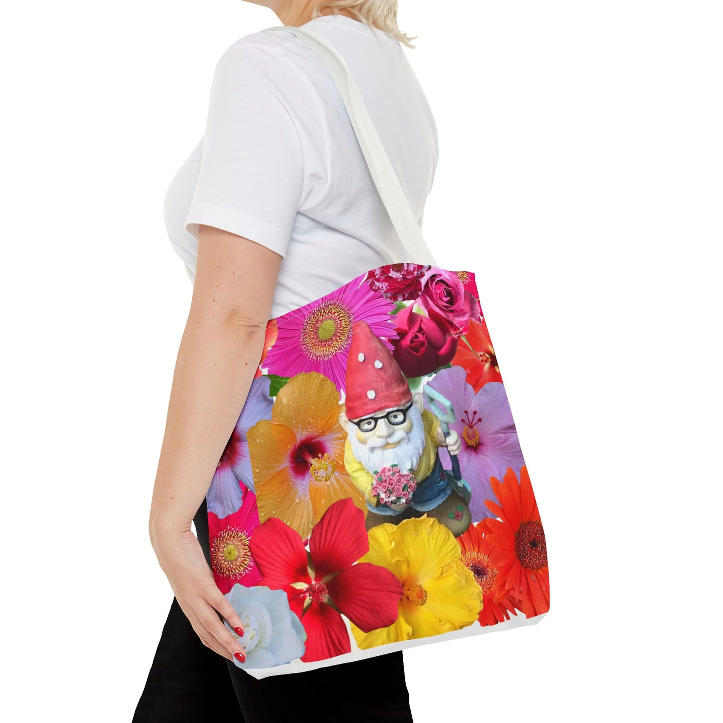 Whimsical Floral Gnome Tote Bag, Colorful Shopping Bag, Garden Lover Gift, Eco-Friendly Tote, Summer Vibes, Unique Birthday Present