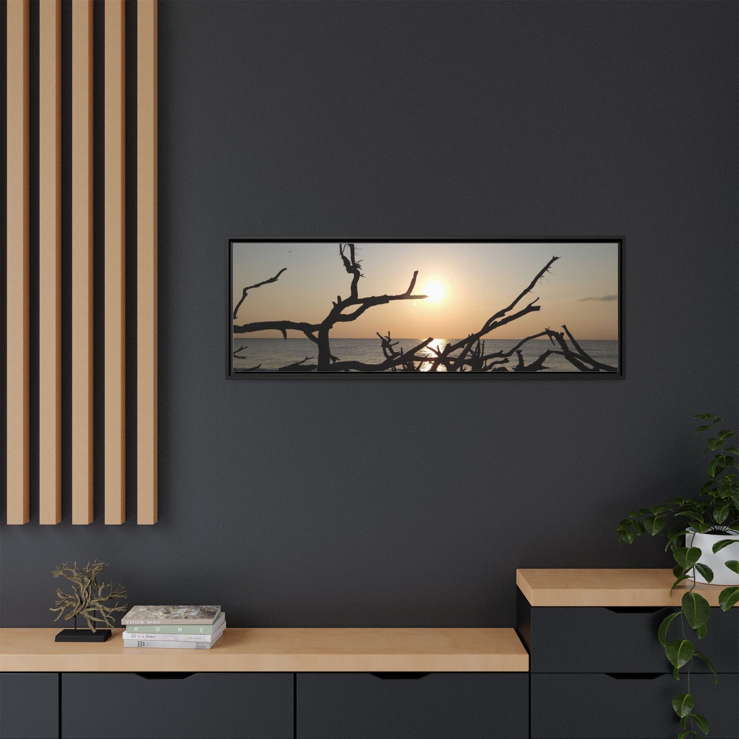 Sunset Driftwood Beach Framed Canvas