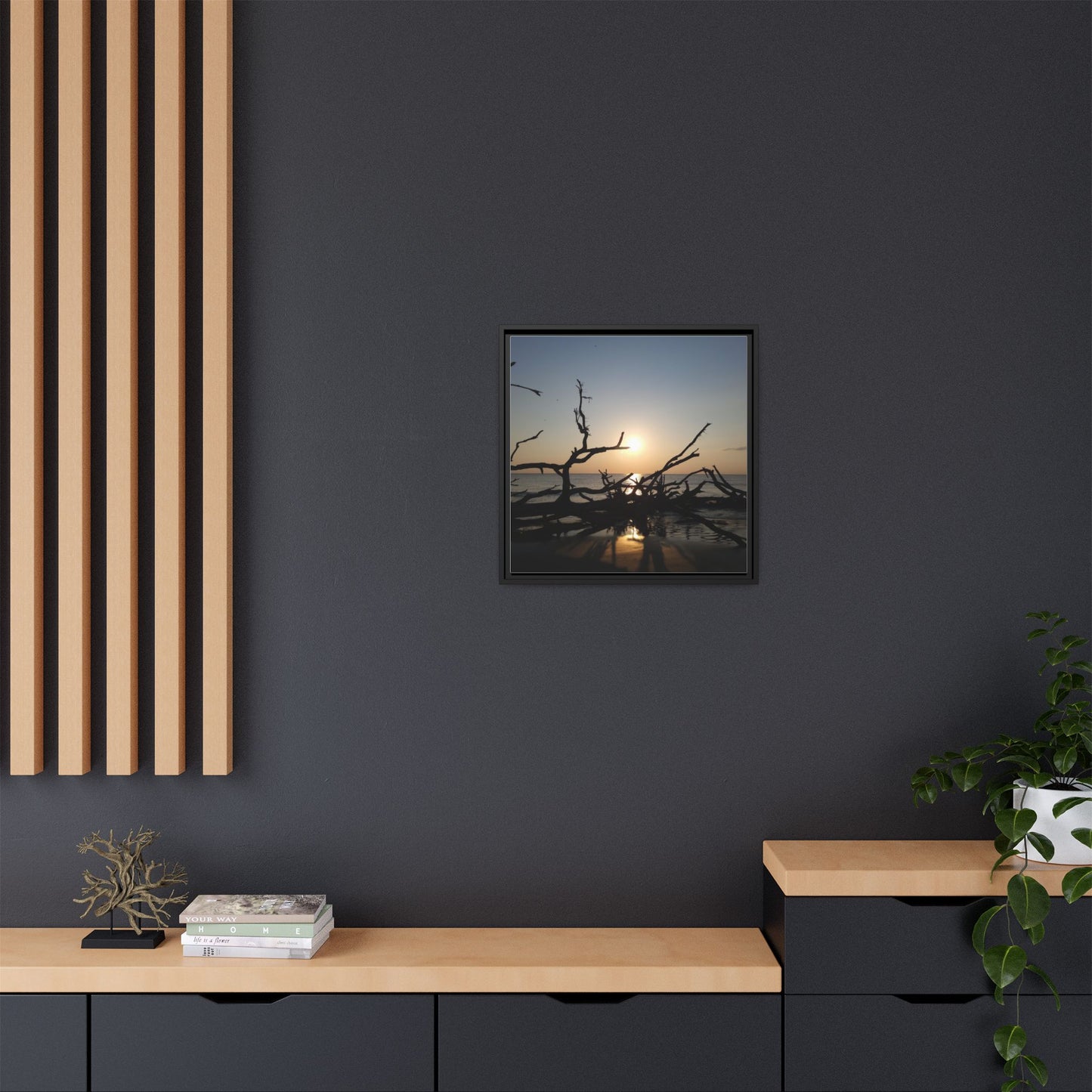 Sunset Driftwood Beach Framed Canvas