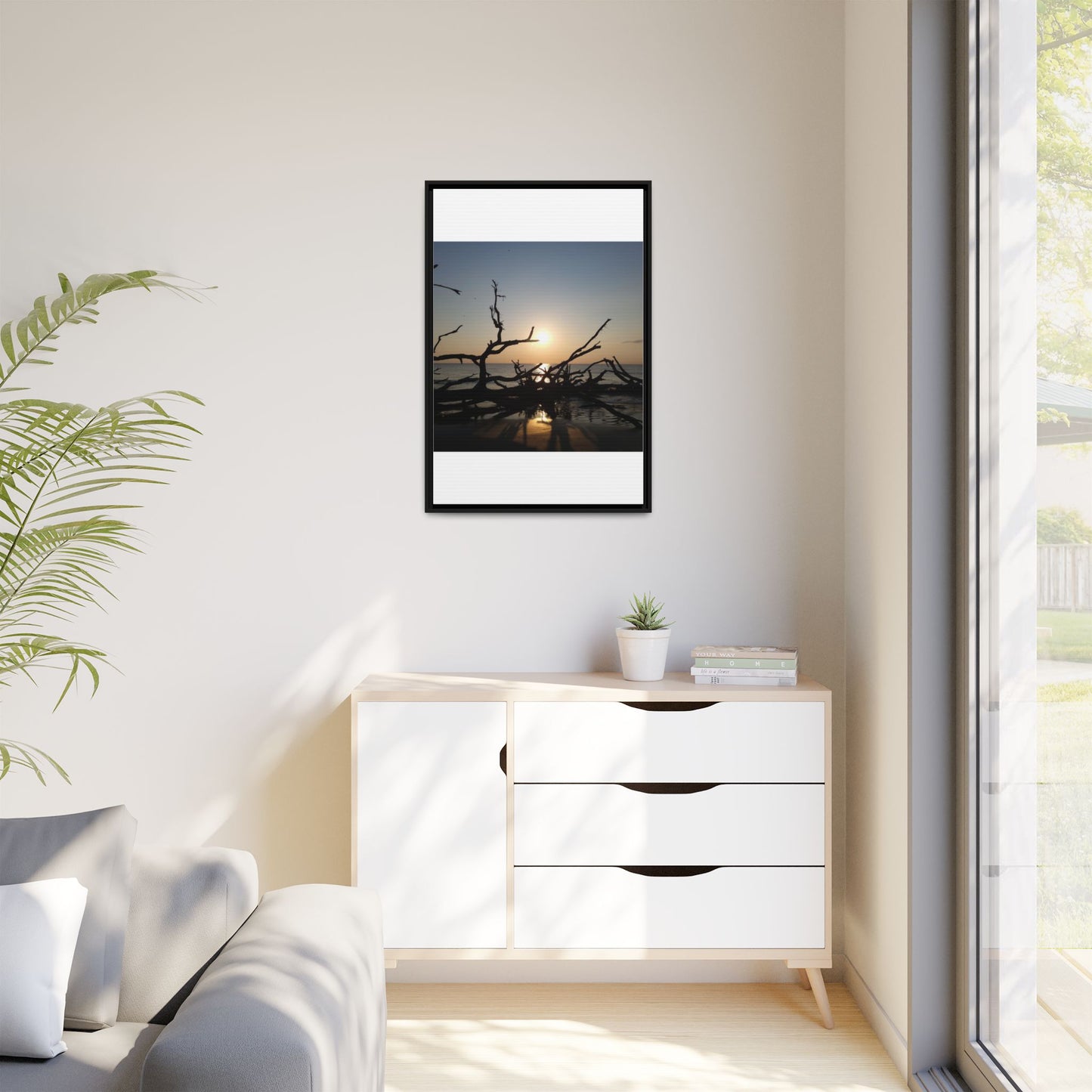 Sunset Driftwood Beach Framed Canvas