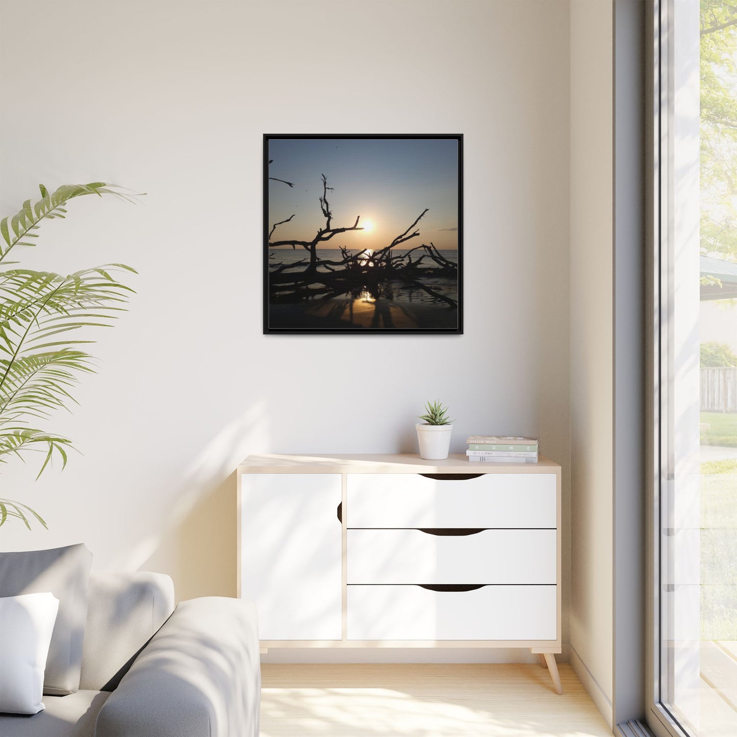 Sunset Driftwood Beach Framed Canvas