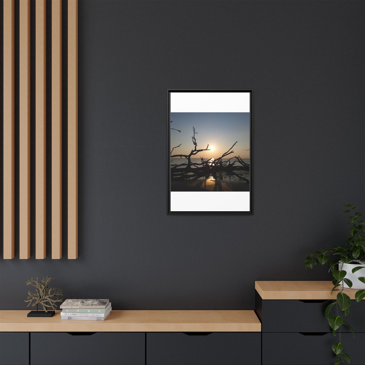 Sunset Driftwood Beach Framed Canvas