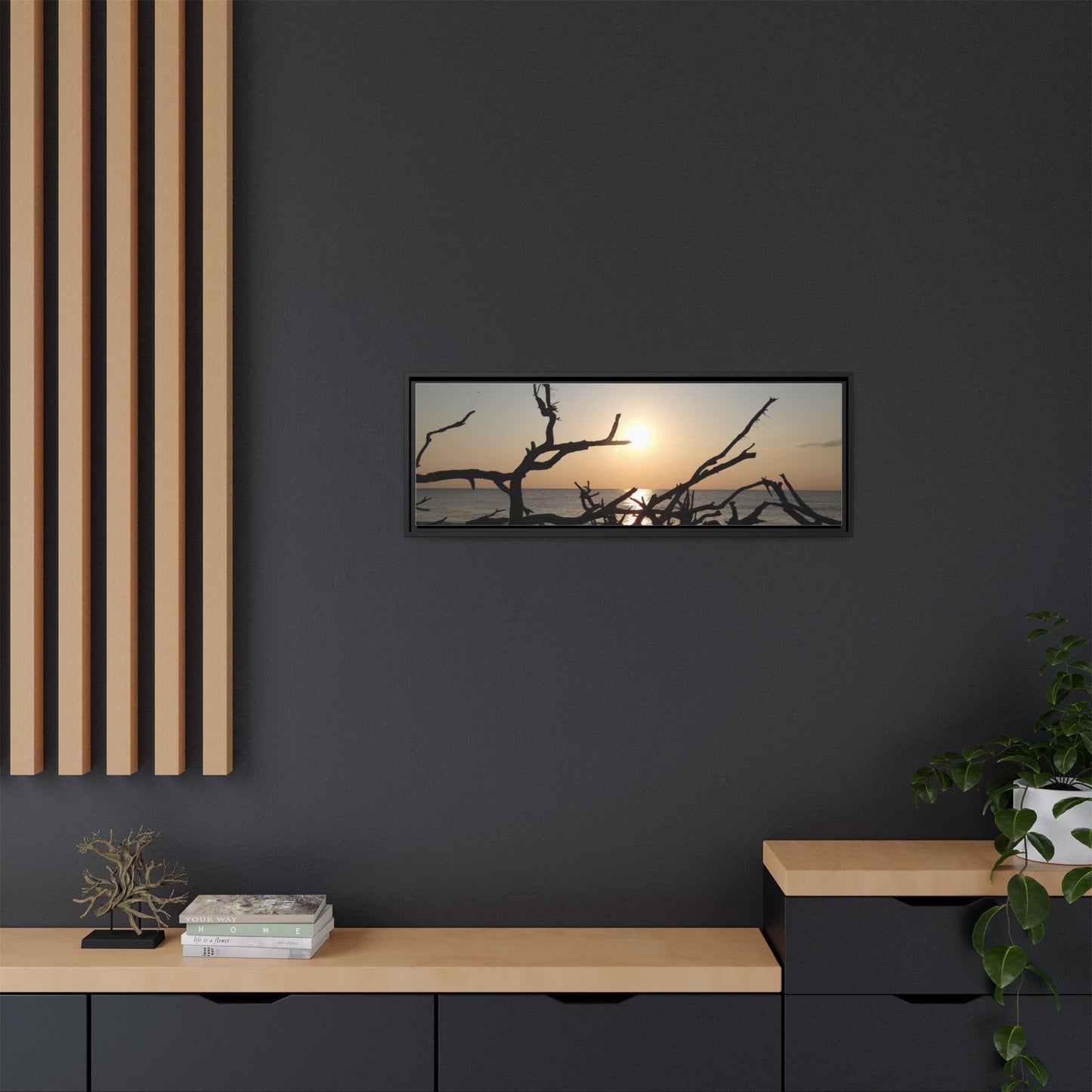 Sunset Driftwood Beach Framed Canvas