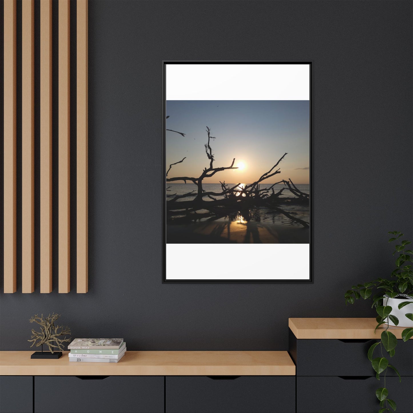 Sunset Driftwood Beach Framed Canvas