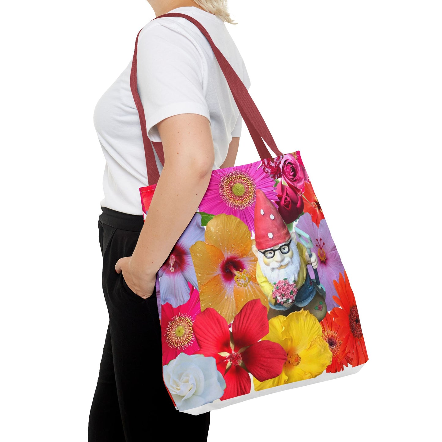 Whimsical Floral Gnome Tote Bag, Colorful Shopping Bag, Garden Lover Gift, Eco-Friendly Tote, Summer Vibes, Unique Birthday Present
