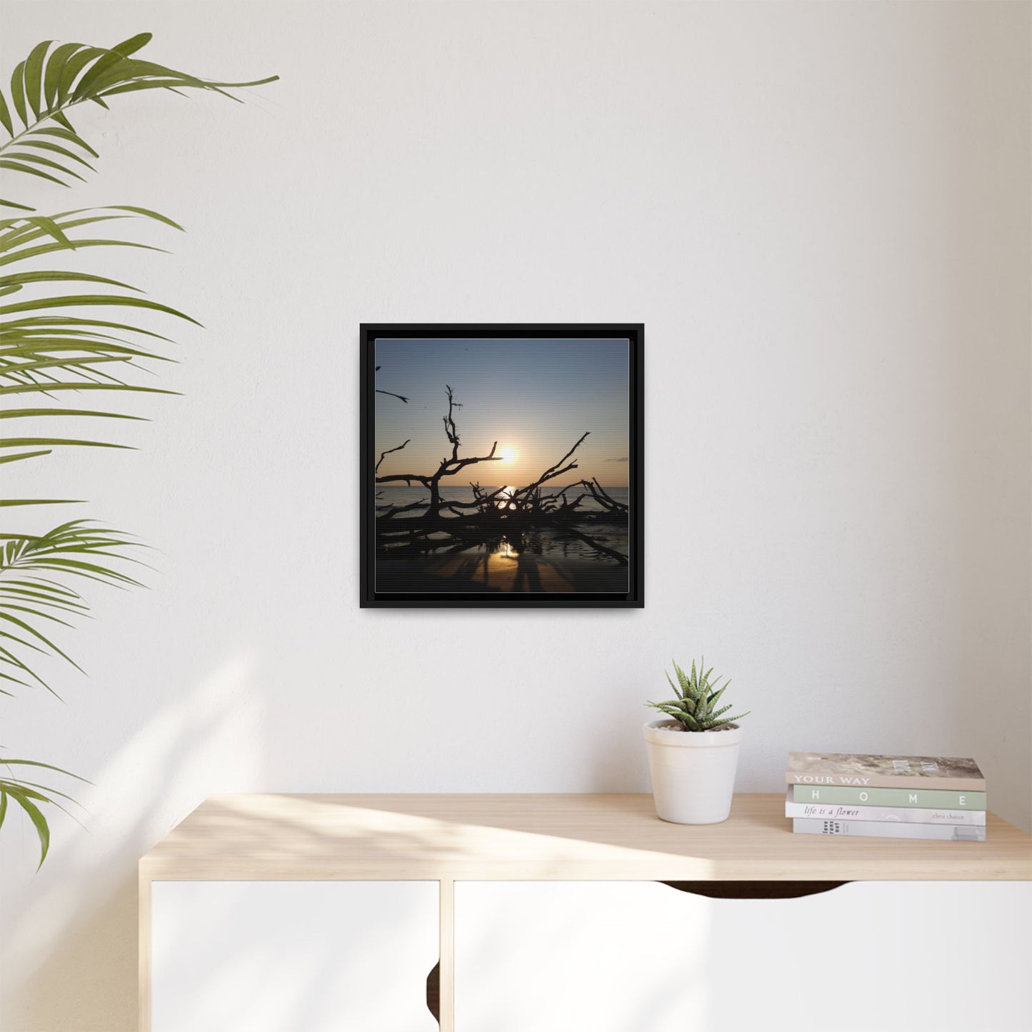 Sunset Driftwood Beach Framed Canvas