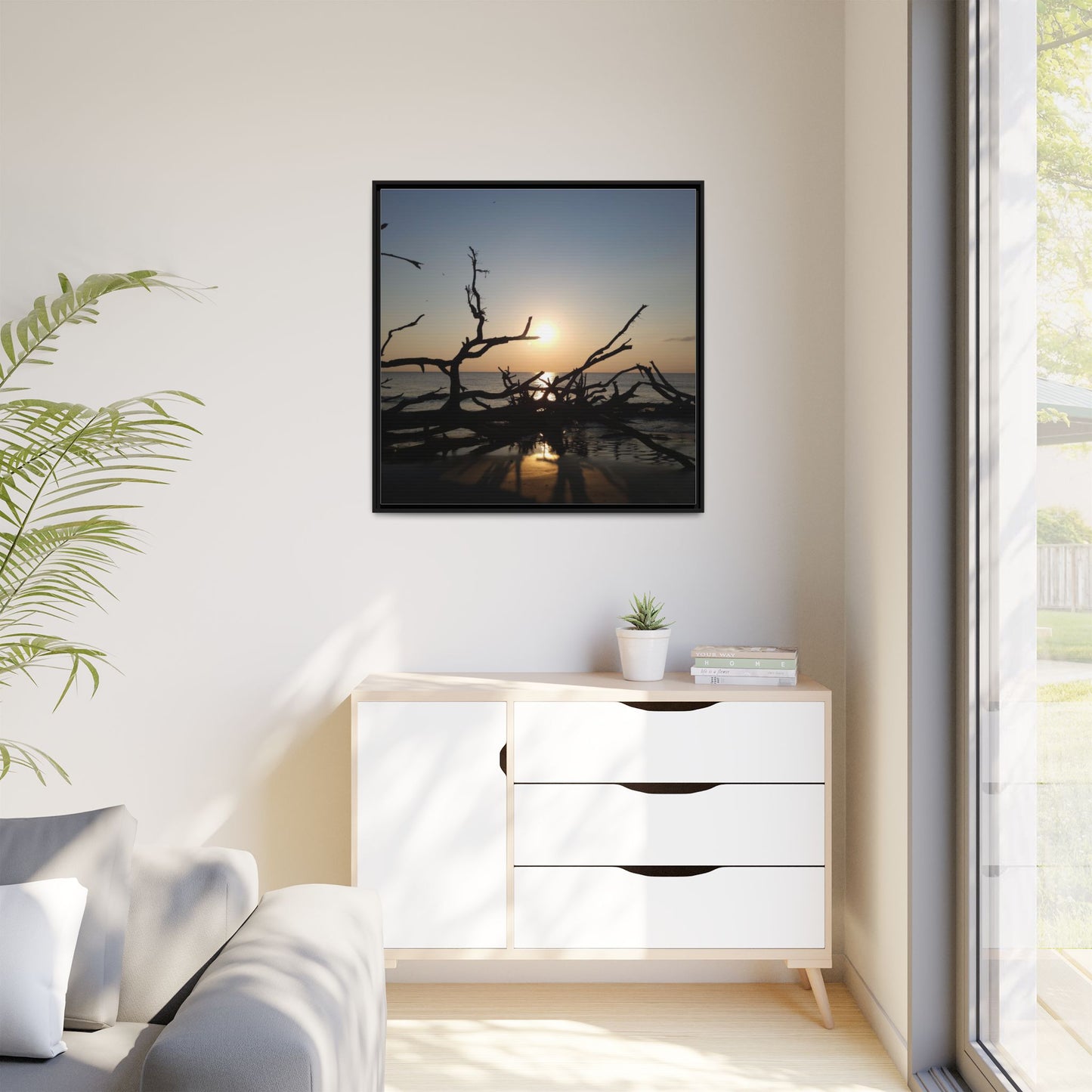 Sunset Driftwood Beach Framed Canvas