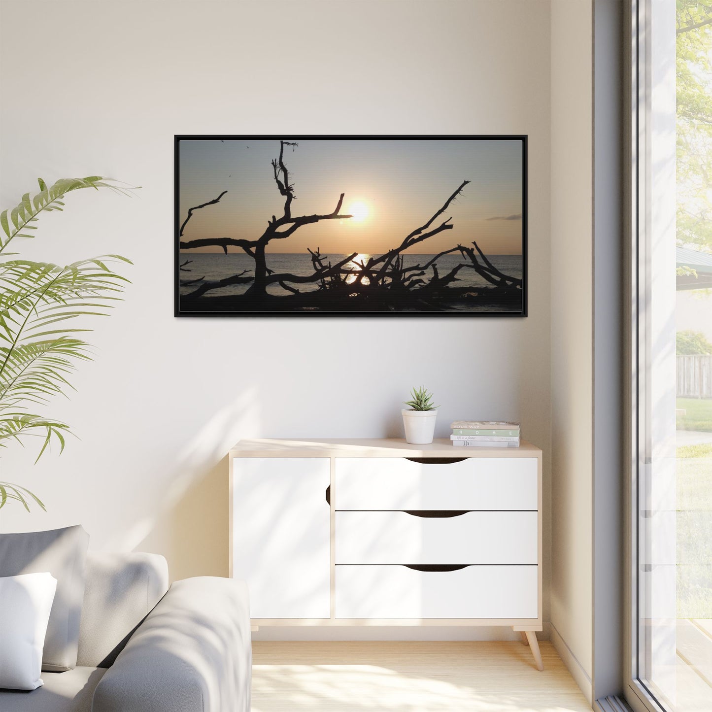 Sunset Driftwood Beach Framed Canvas