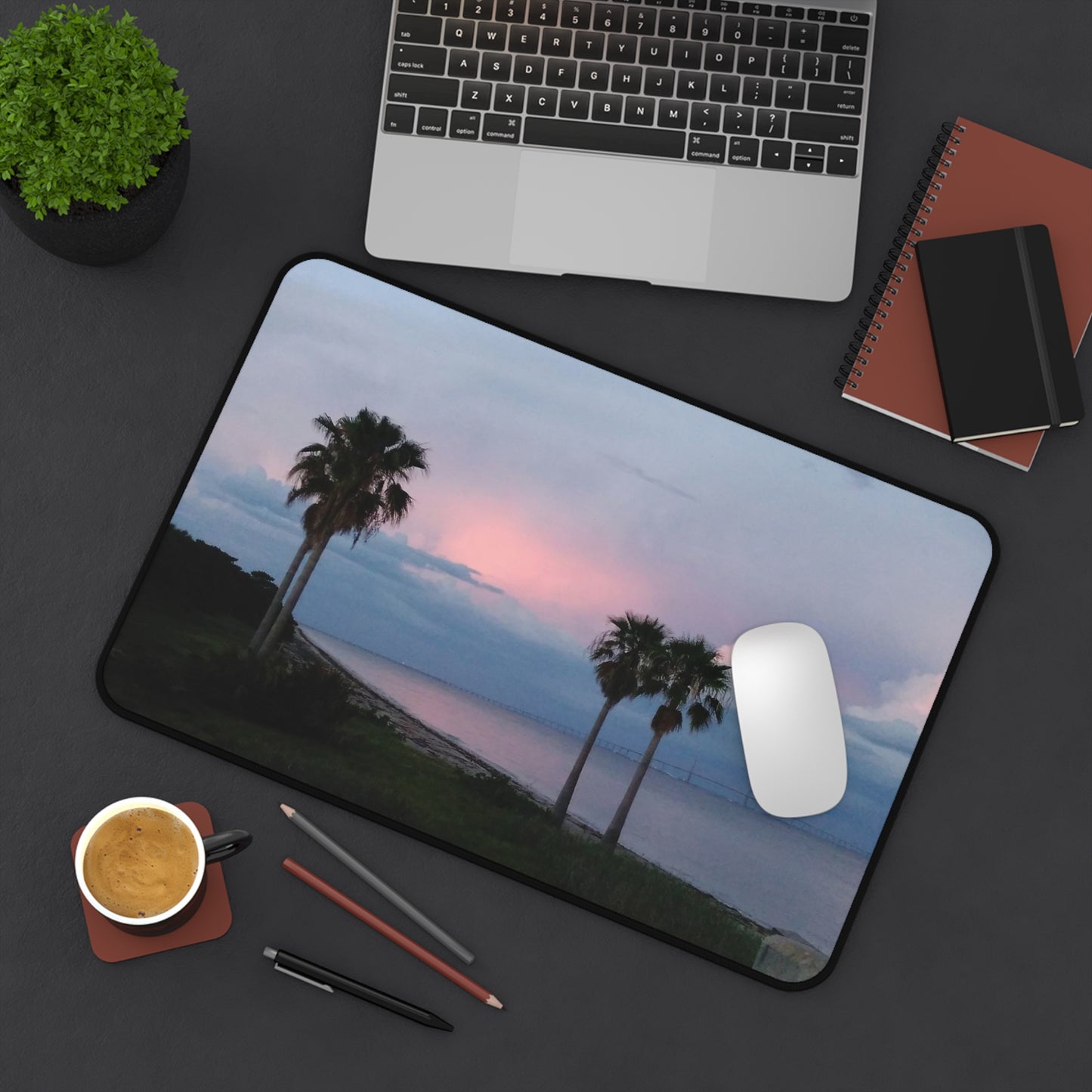 Desk Mat, Palm Trees on the Beach at Sunset - Tropical Office Decor, Work from Home Gift, Desk Accessories, Mouse Pad, Computer Pad