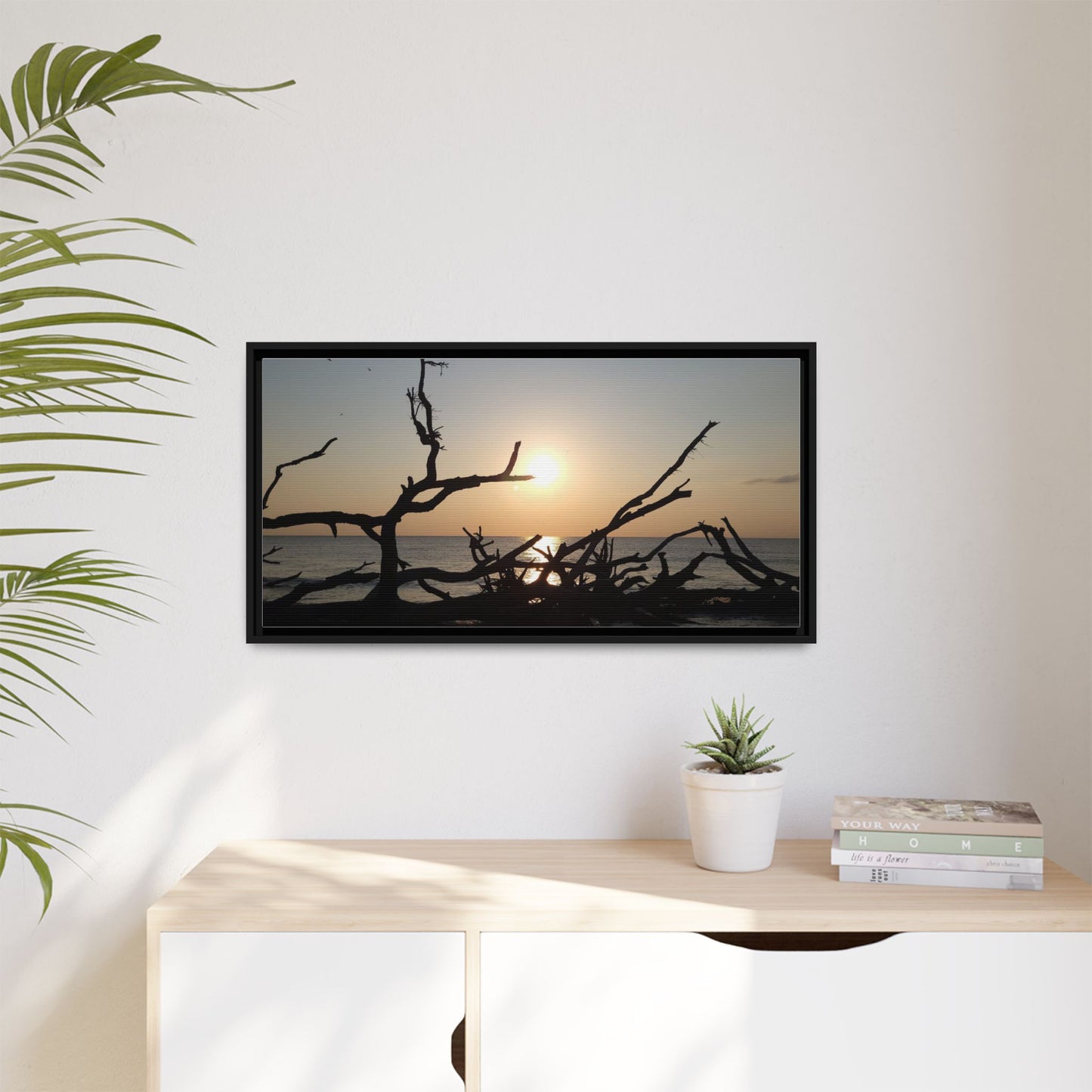 Sunset Driftwood Beach Framed Canvas