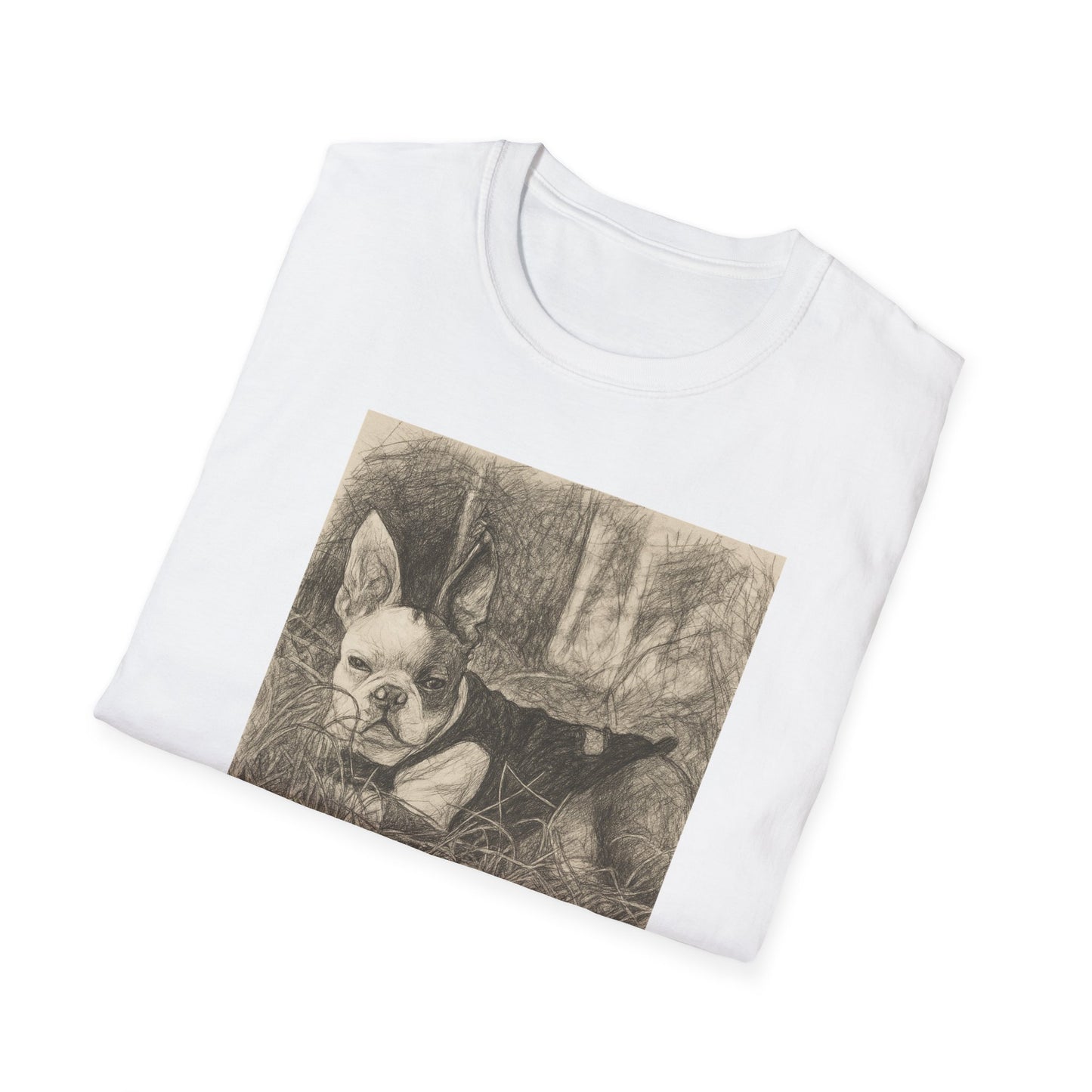 Boston Terrier 'Hay There' Softstyle T-Shirt, Cute Dog Lover Gift, Adorable Pet Sketch Tee, Animal Print Top, Dog Mom Dad Clothing