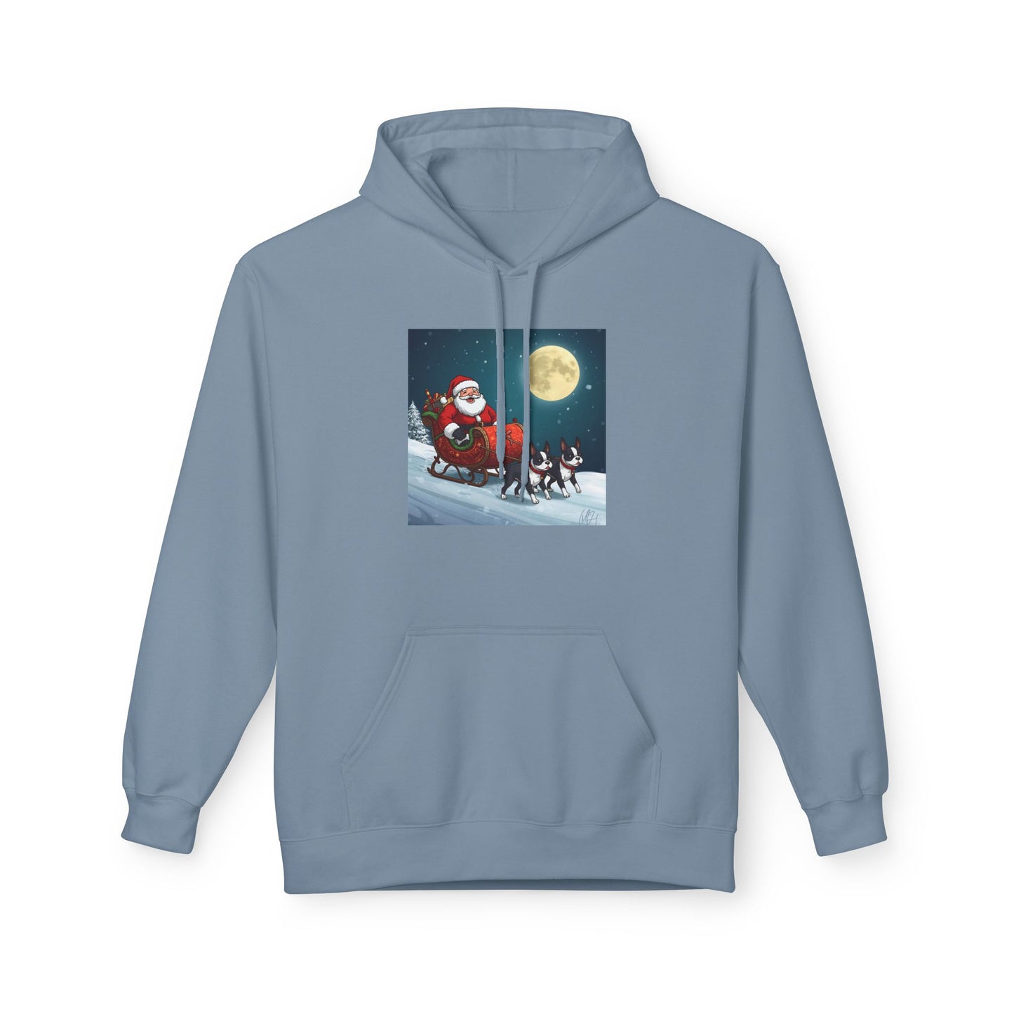 Boston Terrier Hoodie: Cute and Mighty Santas Sleigh Unisex Fleece