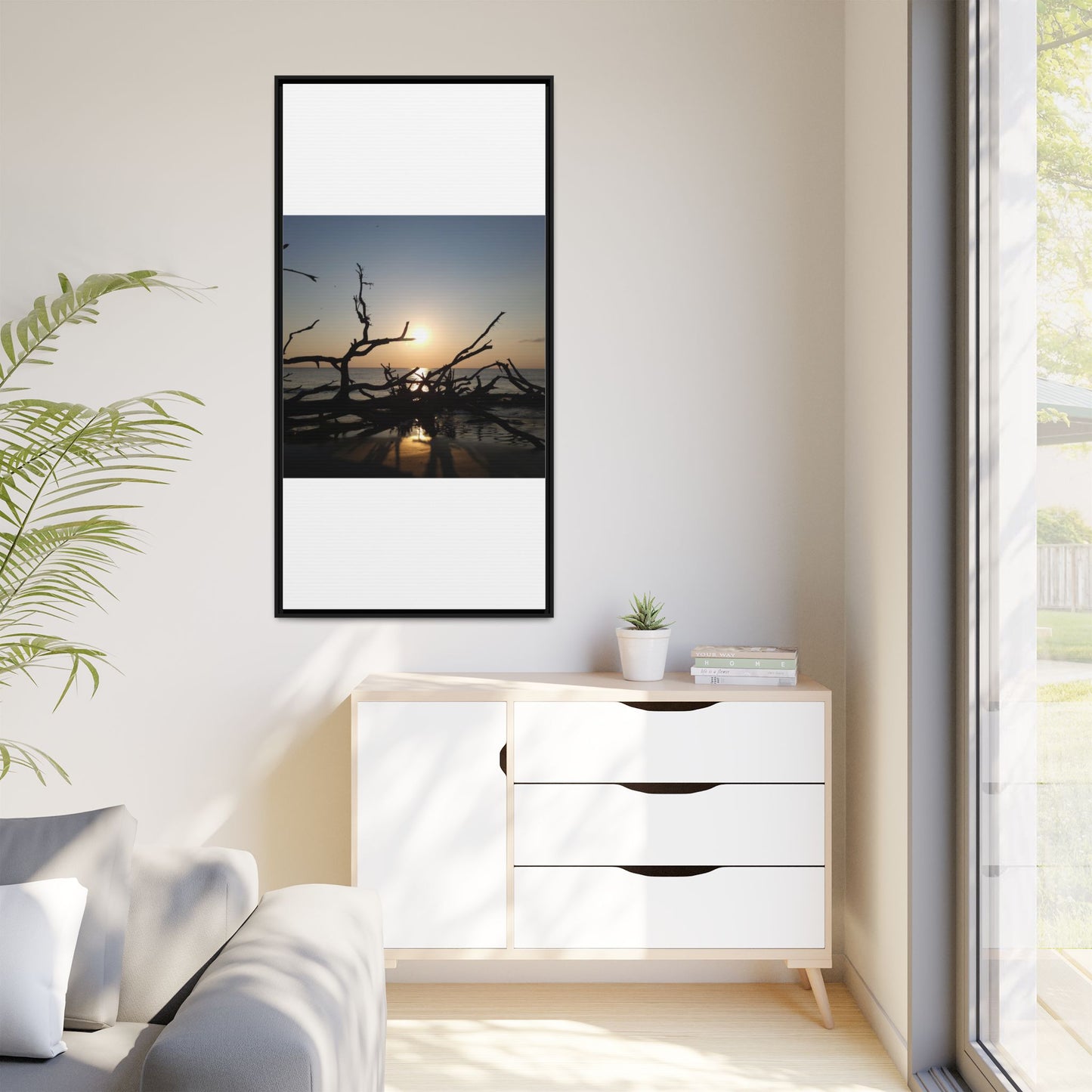 Sunset Driftwood Beach Framed Canvas