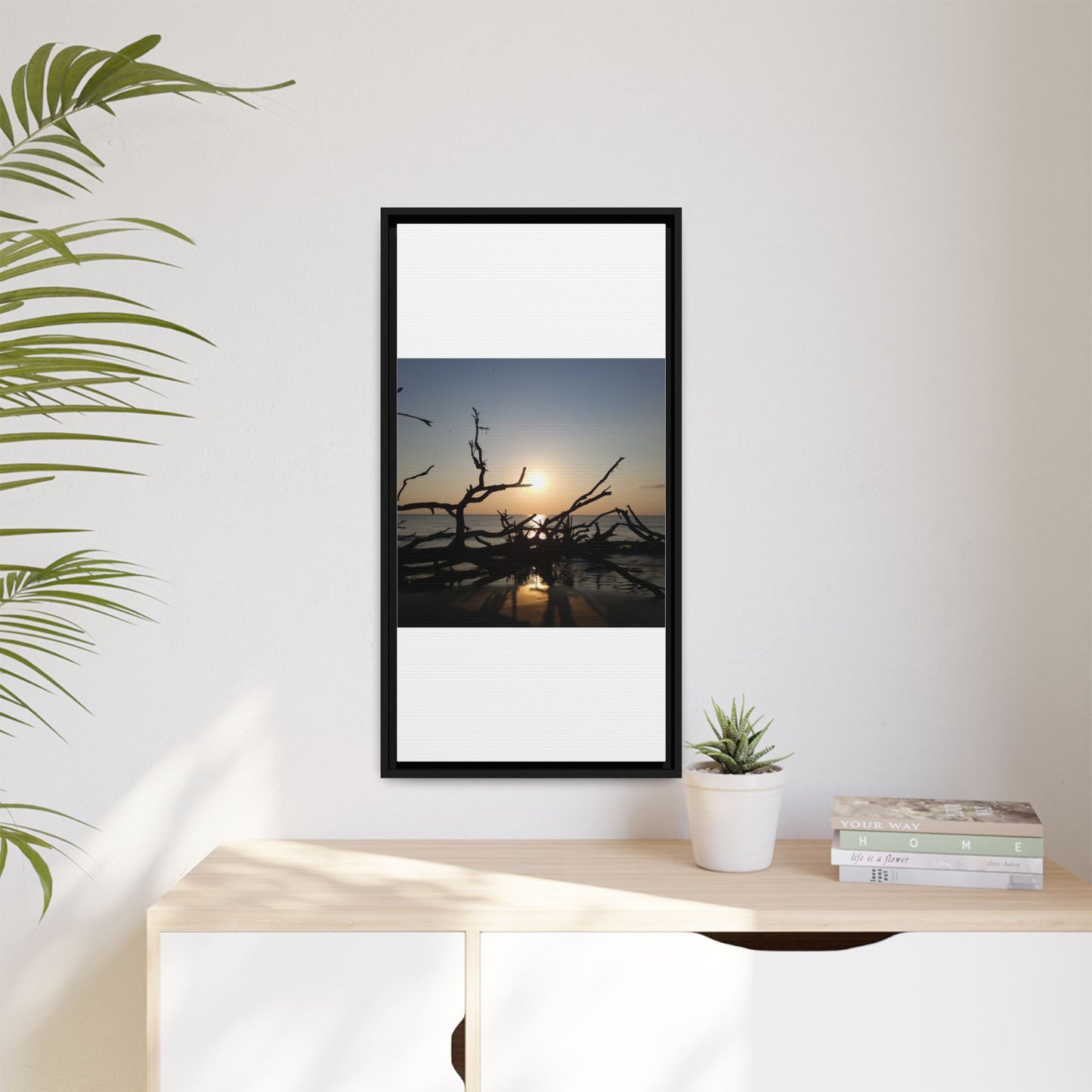 Sunset Driftwood Beach Framed Canvas