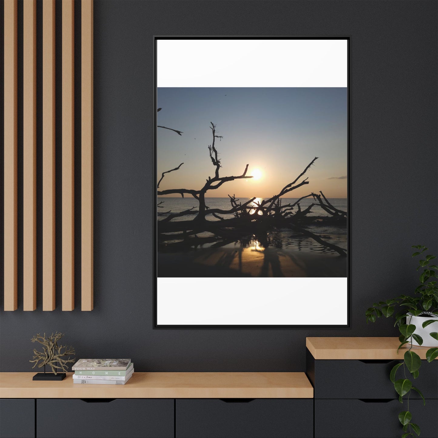 Sunset Driftwood Beach Framed Canvas
