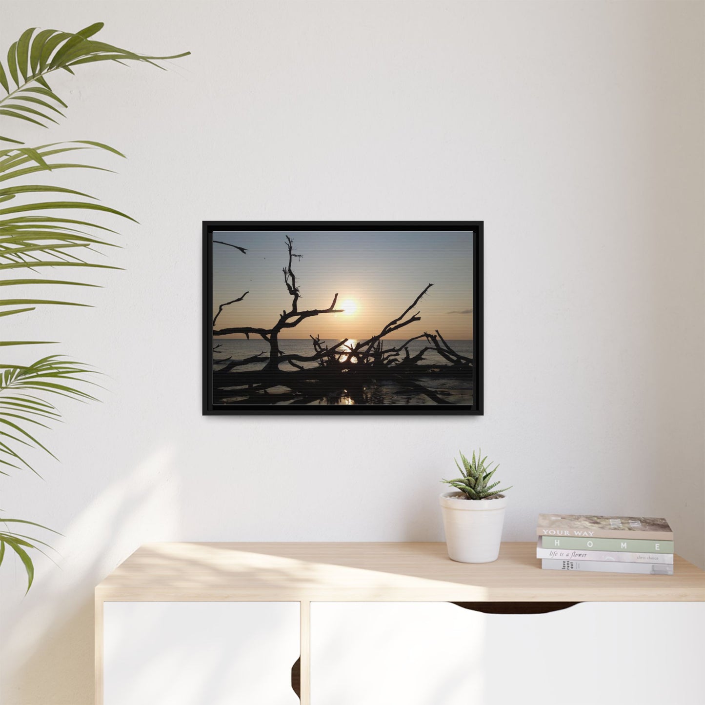 Sunset Driftwood Beach Framed Canvas