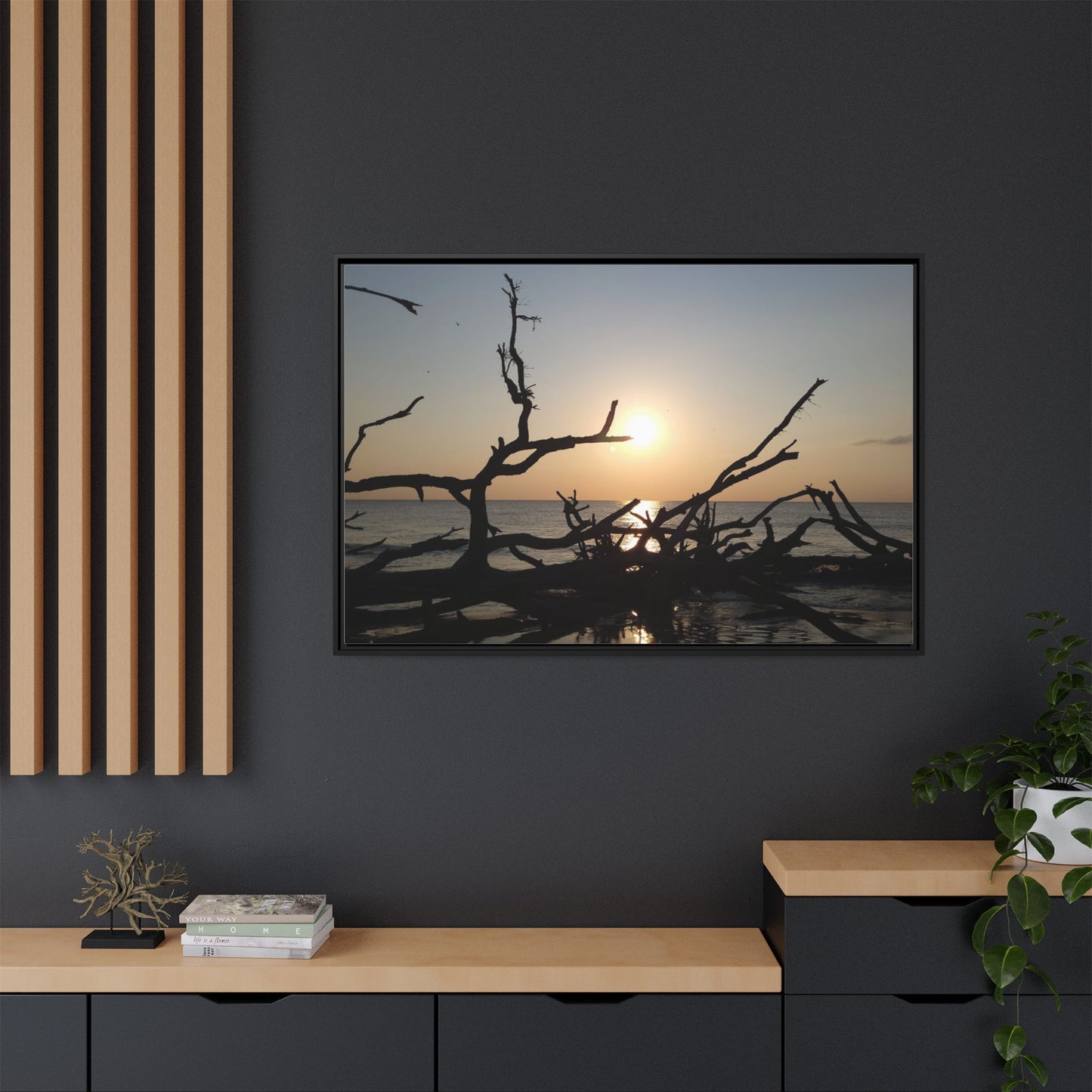 Sunset Driftwood Beach Framed Canvas