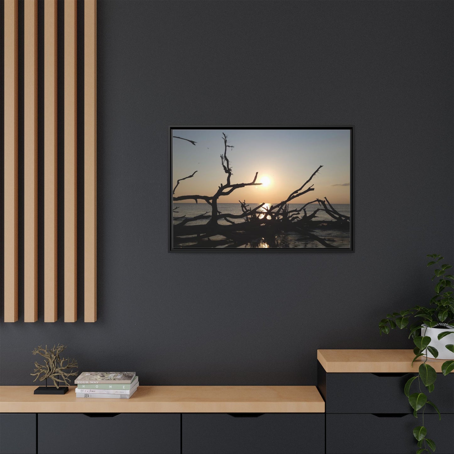 Sunset Driftwood Beach Framed Canvas