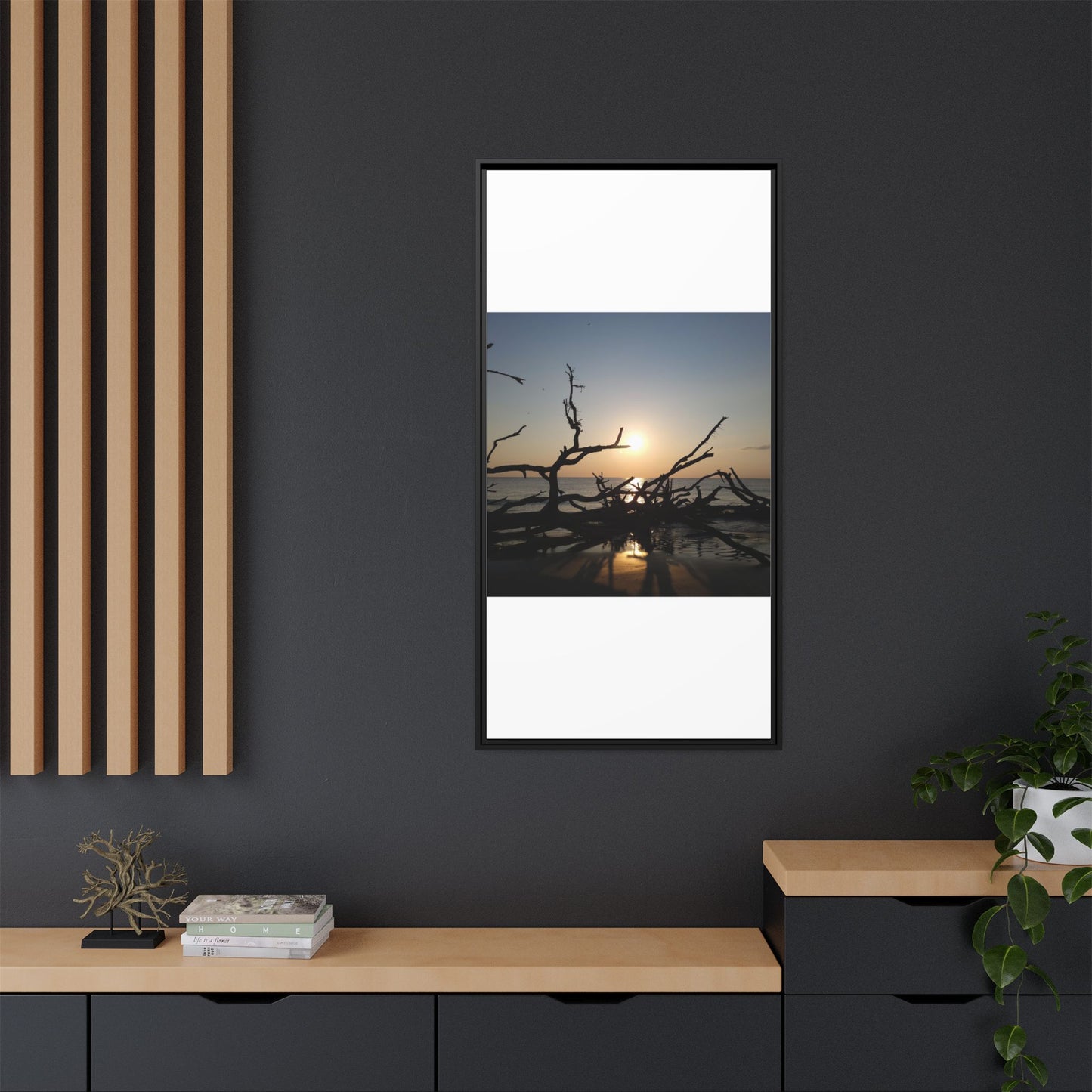 Sunset Driftwood Beach Framed Canvas